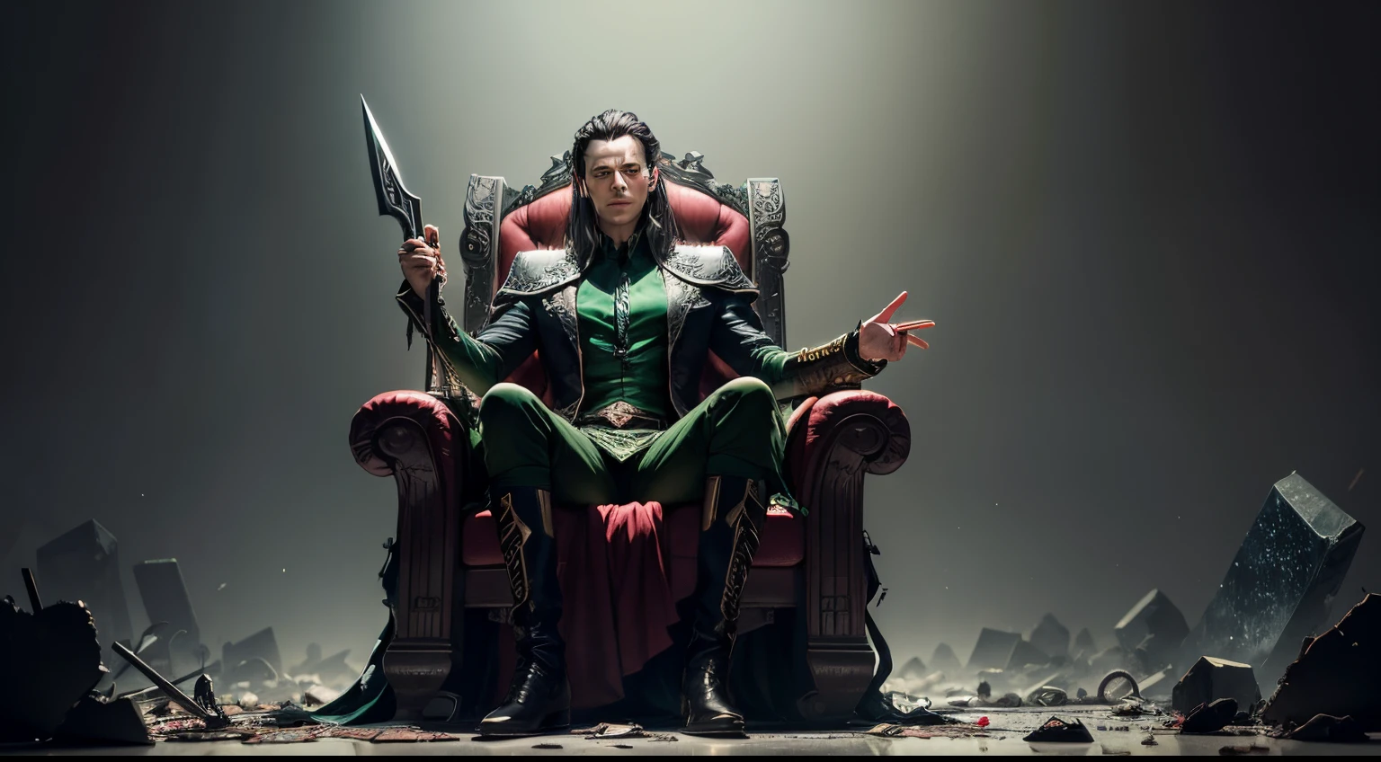 In a dark, Loki sits on a throne made of broken glass and rusted metal. In one hand, he holds a scissors