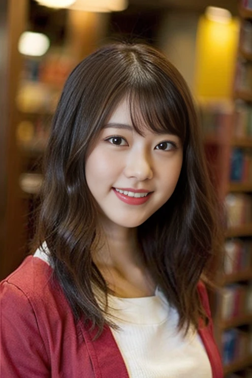 (8K、Raw photography、top-quality、masterpiece:1.2)、(realisitic、Photorealsitic:1.37)、ultra-detailliert、超A high resolution、女の子1人、see the beholder、beautifull detailed face、A smile、Constriction、(Slim waist) :1.3)、Beautiful detailed skin、Skin Texture、Floating hair、Professional Lighting、Whole human body、a blond、japanese hight school uniform、a sailor suit、matriculation、short-cut、Bob Hair、E-cup、Happy smile、sixteen years old、Red ribbons、a baby face、Childish smile、Suppin、Moisturizing lips、Thin pink lips、atlibrary、Lots of books