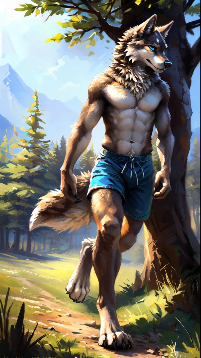 ((Solo)), male people, anthro wolf, (Multi-colored fur, White-brown:1.3，White tail pointed), (Height 2.1m,Tail length 1.2m), ((Wolf face, Big eyes, White eyelids, Blue pupil, Slim:1.2) (Tough, Calm expression:1.2)), Abs, Slim, pinging)), (Correct anatomy), (Work shorts:1.1), The upper body  naked, (detailed outfits),A long big tail，Feet，(Realistic fur, Detailed fur texture, labeled:1.3)), (Natural lighting), Photorealistic, Hyperrealistic, ultradetailed, by Kenket，Endless grasslands，There are no trees，There are no big stones，No artificiality，erect through，Running on