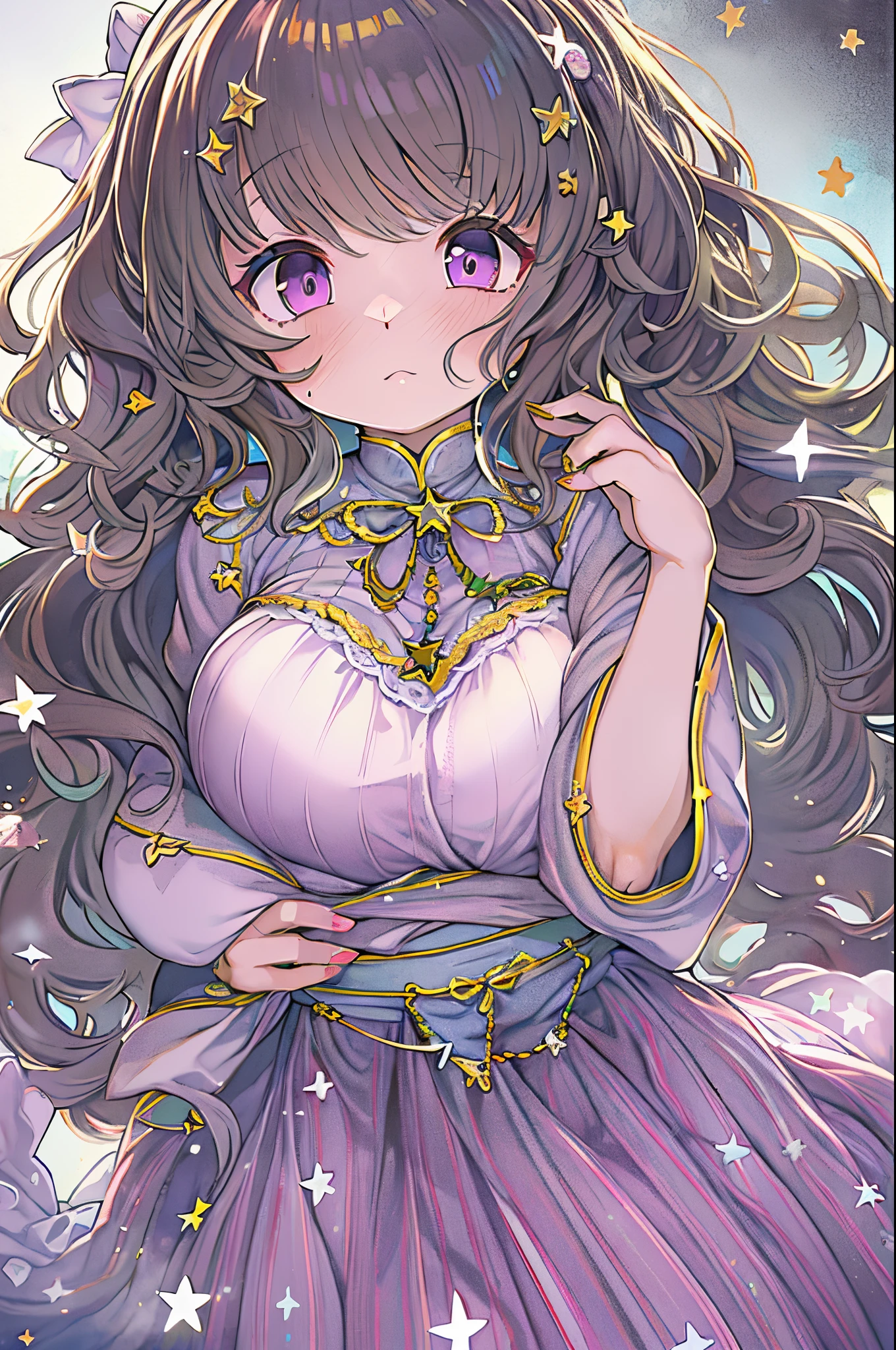 Detailed background, masutepiece, Best Quality, 1 person , Curly hair, Long hair, Purple eyes, stars in the eyes , Strapless blouse, long skirt、huge-breasted