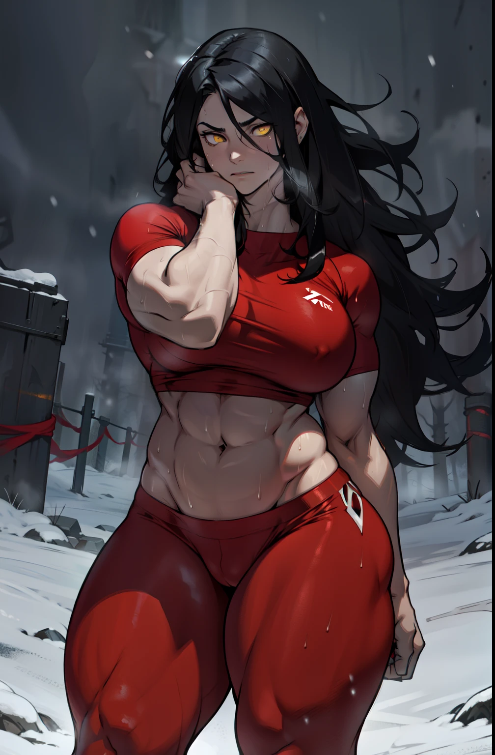 pale skin solo 1 girl black hair yellow eyes expressionless (very long hair sweaty) dark atmosphere (huge breasts bodybuilder toned body muscular) tight red shirt curvy thick thighs wide hips snow veins dark atmosphere nighttime