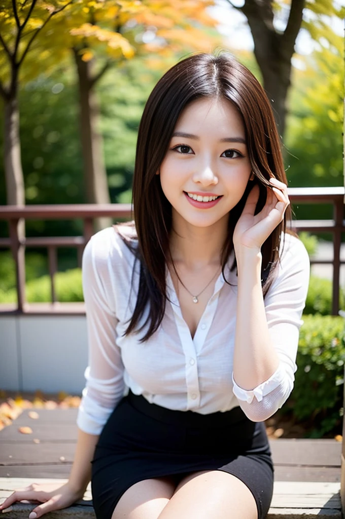 The most beautiful woman working as a club hostess in Ginza、with shiny brown hair、At Arashiyama in Kyoto、wearing casual elegant clothes、enjoying the autumn leaves、Very enchanting.。She's full of confidence々Smiled at.、toward to the camera。her fashion and expressions、The perfect balance of cuteness and elegance、draw the viewer in、'Don't let go.。Throughout this scene、Express her charm to the fullest。