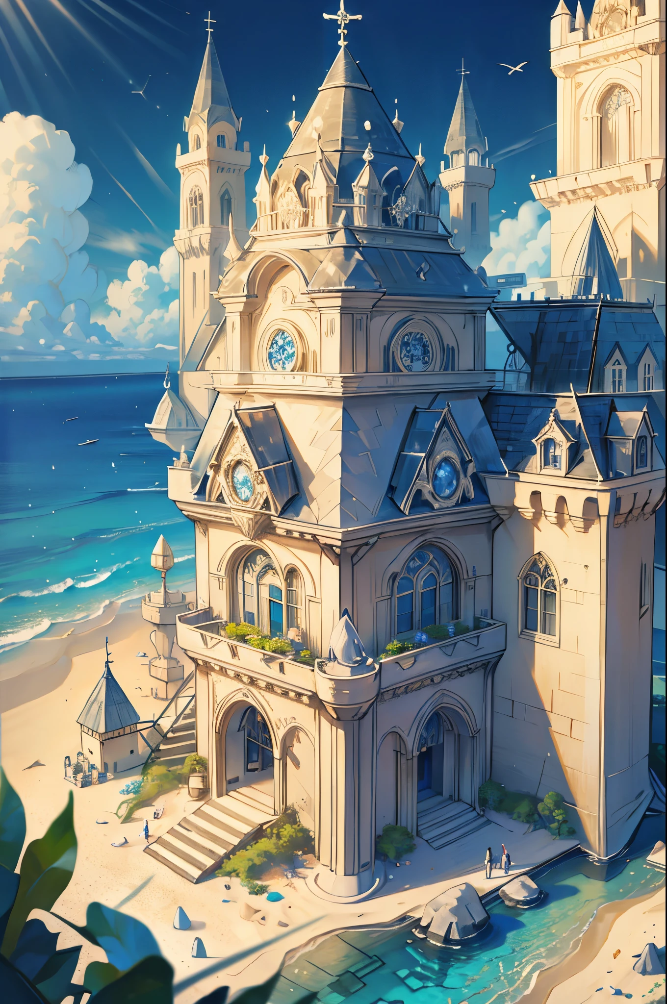 Absurdres, best quality, ((1man)), at the beach, building sand castle