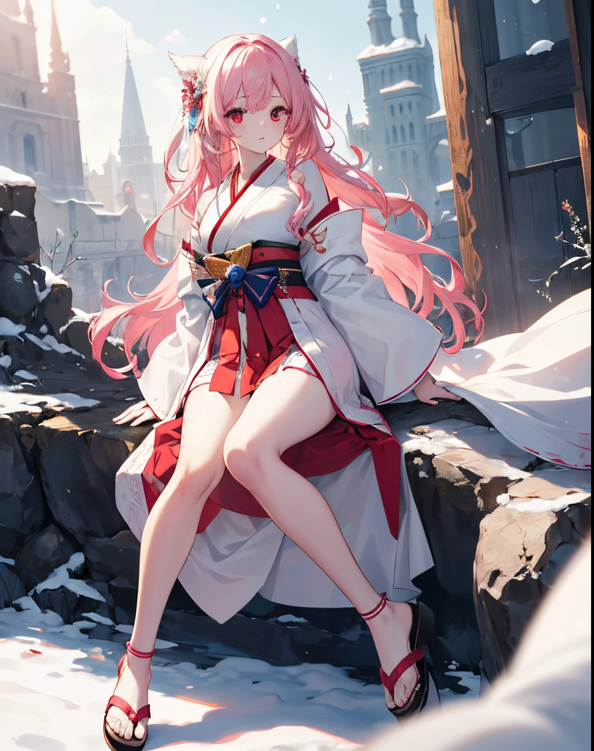 (1 female),Full body view,Snow-white skin,full bodyesbian,pink hair, long hair, wavy hair, red eyes, nedium breasteautifullegs,sandals, are worn, hakama,Perfect five fingereautiful breasts, Top resolution、top-quality、Top resolution、top-quality、(tmasterpiece)、extra detailed face、Original characters、Perfect litthing、best colortremely colorful、Beautiful fece、finedetail、超A high resolution、Plenty of natural light and optimal tones、Deep depth of field(top-quality、Superb detail:1.4)