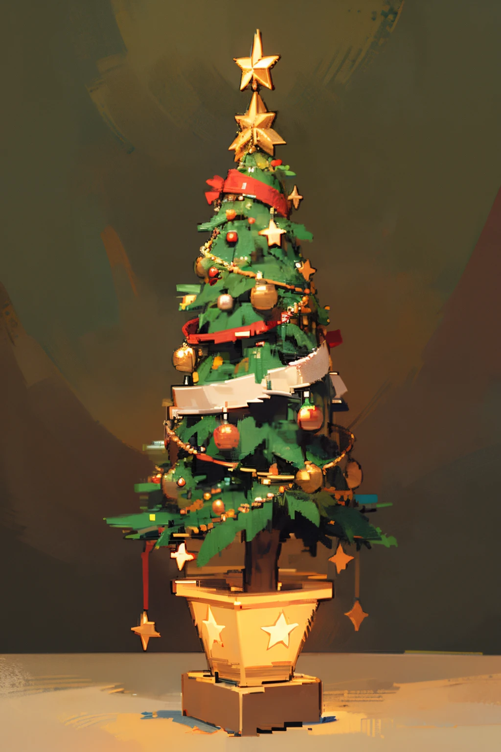 Create a charming pixel art image in PNG format, featuring a Christmas tree as the sole element. Detail the tree using pixels, emphasizing festive features such as ornaments, lights, and a star at the top. Use a Christmas color palette, including vibrant green and shades of red and gold, to establish a festive atmosphere. Position the tree in the center of the image, ensuring it is the main focal point. The goal is to convey the beauty and enchantment of the holiday season through this iconic element in a nostalgic pixel art style