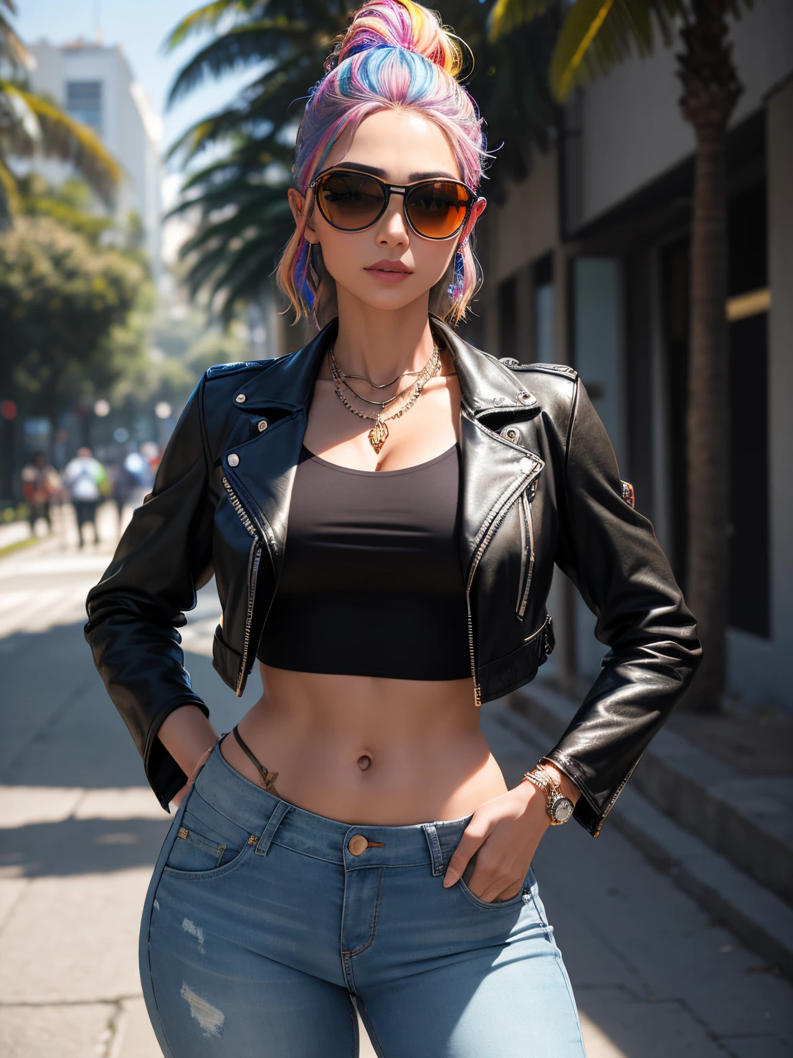 fotorrealista, ultra realistic,..3d, art-station, CGSetnation, 8 mil,
Fotografia premiada de uma bela mulher caminhando no parque, (moda), (cabelos multicoloridos:1.2), cheeckbones, Rosto detalhado, Bejeweled, a nice long leather jacket, jeans rasgados, pele primorosamente detalhada, anatomia perfeita, quadris largos, smooth midriff, lacuna na coxa), colorful sunglasses, vibrante