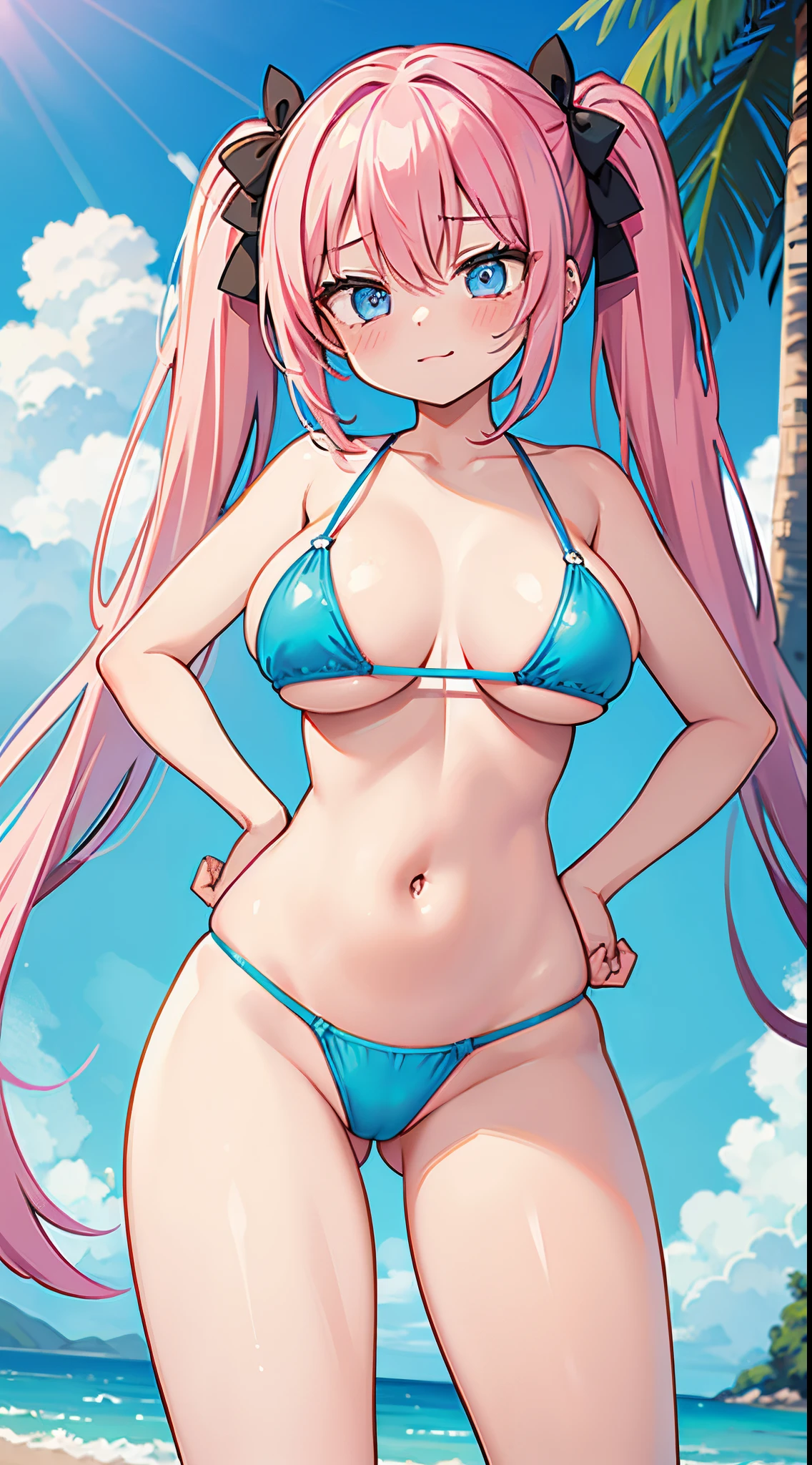 (masterpiece、top-quality、ultra-detailliert)、((1 girl))、((Pink hair twin tails))、light blue eyes、evilsmile、piercings、((very Bigger breasts))、Light blue micro bikini、shiny、lowrise、Put your hands on your hips、Taken from below、blue open sky、sea the background of