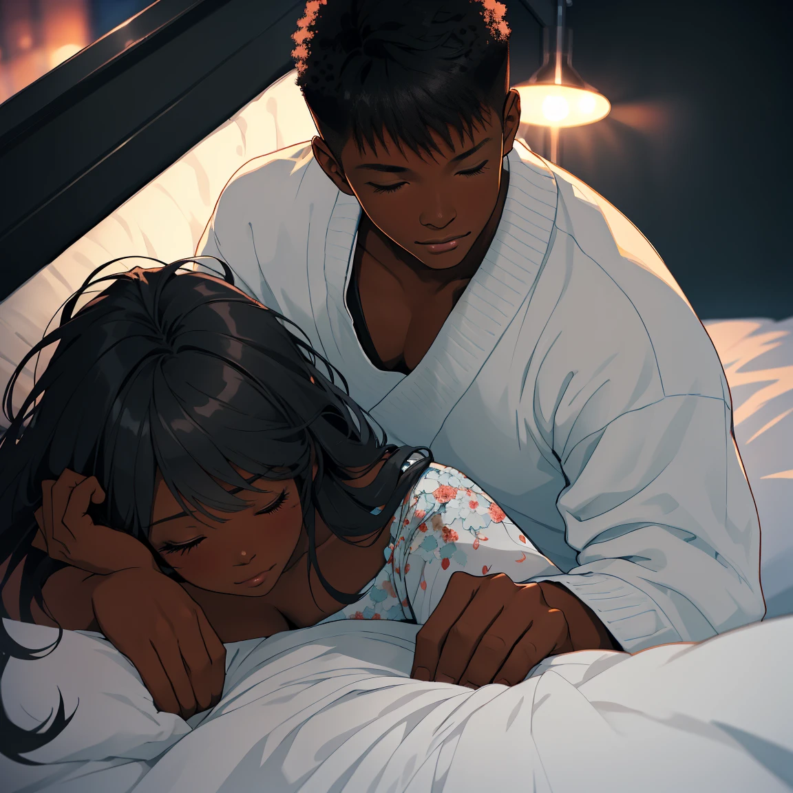 1 handsome black man watching a pretty black woman sleep, (((sprawled on a bed))) laying down next to each other, romantic, comfy clothing, night time, heads close together, eyes closed, cute, beautiful couple, peaceful,
masterpiece, overhead sharp lighting, high detail, clarity, multilevel detailing, blurry background,