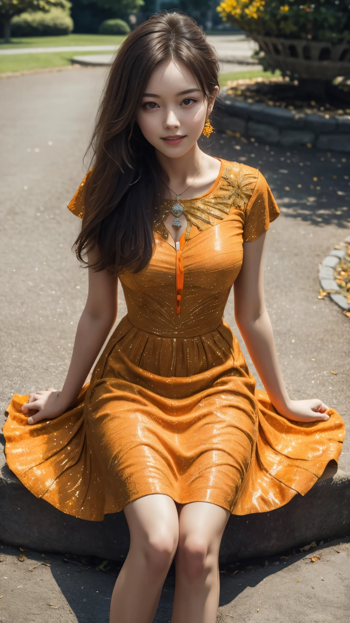 masterpiece, best quality, 1girl, solo, perfect face, very beautiful dress, orange dress, shining:1.5, outside in the park with lake, attractive poses, sitting,