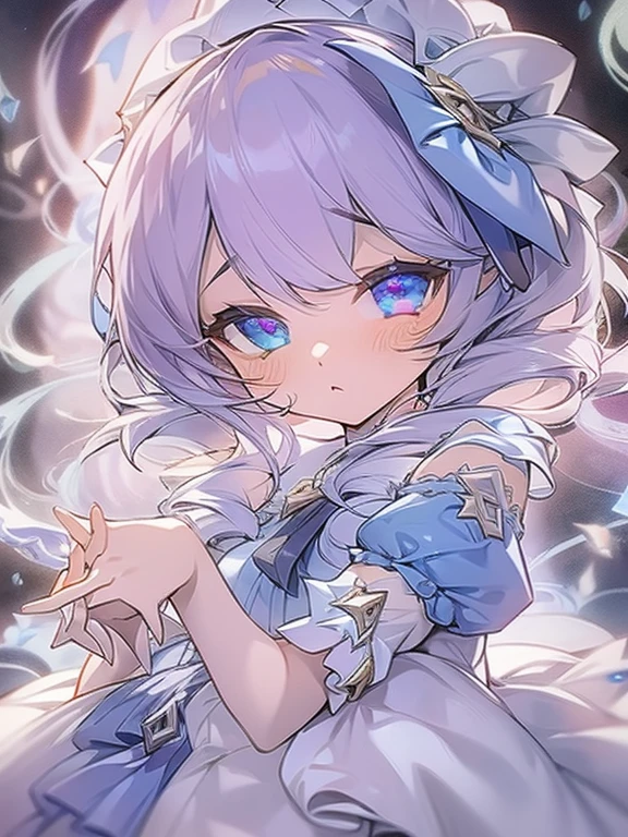 gwyn, 1 sister, , scissors, Fighting posture, blue magic, Sateen, （Dream bubbles：1.5）， Extremely beautiful eyes，Heterochromatic pupil，Purple wakes up the left eye，serious expressions，White gorgeous princess dress，Lolita clothing style