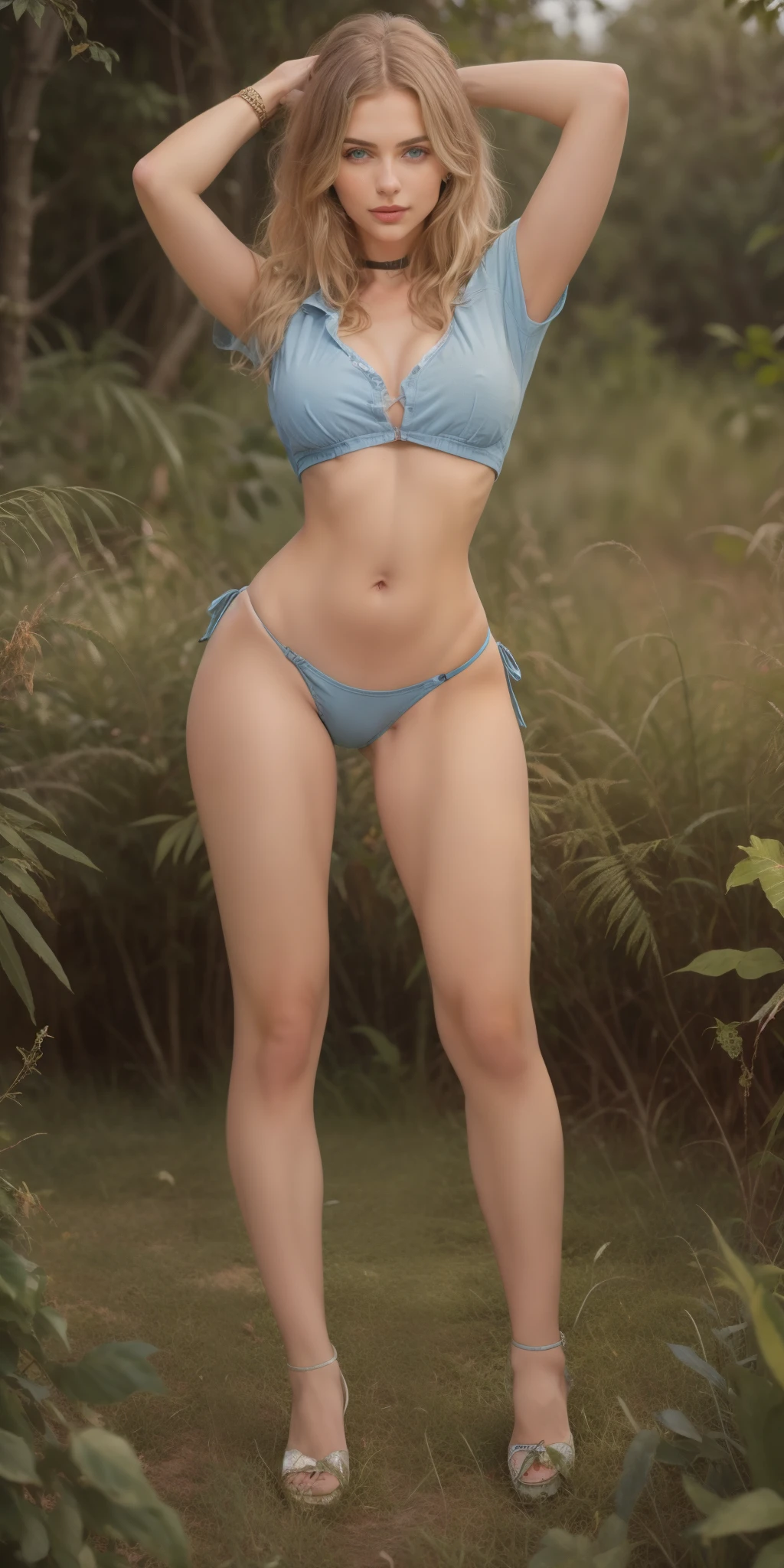araffe young woman in a blue shirt and mini skirt posing in a field, blonde goddess, sexy girl, prefect big breast and neckline, daring mini skirt, power breast, slim legs, beautiful slim legs, beautiful blonde girl, waist - shot, irina nordsol kuzmina, gorgeous woman, hands on hips, beautiful blonde woman, gorgeous jungle ranger, beautiful model girl, anna nikonova aka newmilky, 🐎🍑, karol bak uhd