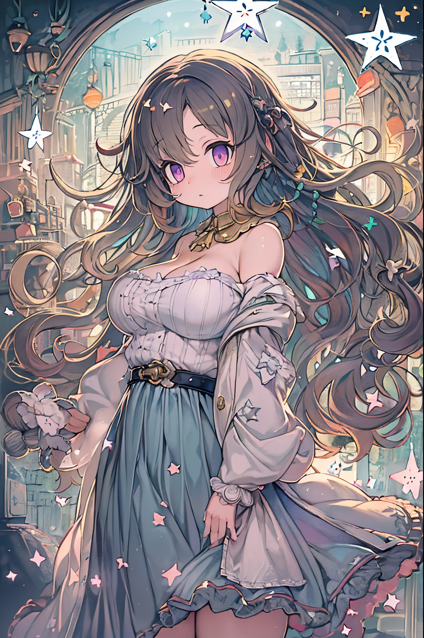 Detailed background, masutepiece, Best Quality, 1 person , Curly hair, Long hair, Purple eyes, Stars in the eyes , Strapless blouse, long  skirt、huge-breasted
