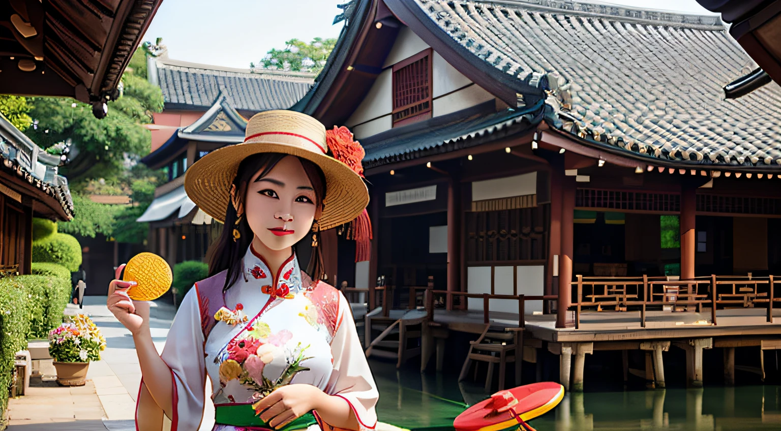 oda'There's a woman there with a frisbee and a flower, Cover Photo Cuckoo Portrait, zhouzhuang ancient town, Chinese woman, wearing travel hat, xintong chen, sweetheart, no watermark, xiang duan, a young asian woman, no watermark, ChineseGirl, portraitures, qiu fang, Matches ancient Chinese costumes