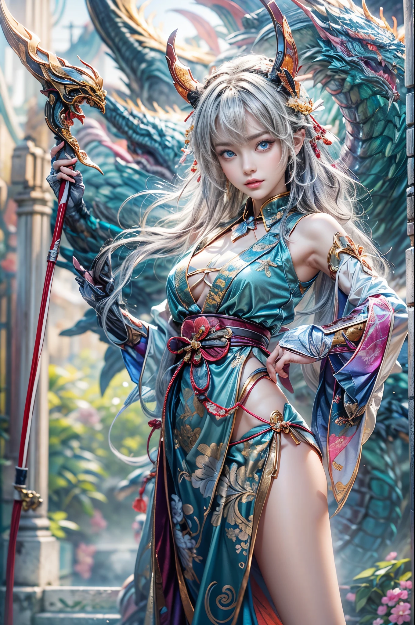 (Photoreal Stick:1.4, masutepiece:1..3, 8K), top-quality, masterpiece, 超A high resolution, Perfect dynamic composition, Professional camera work, Grow Light Effect, Mystical portrait, Cinematic Light, Highly detailed skin and facial texture:1.3, The ultra-detailliert, A detailed eye, (riding a dragon, holding an cane), (myterious:1.3, Fanciful:1.2, tradition:1.2, majestueux:1.2), 1girl in, 25-years old, cute and sexy slim goddess, Fair skin, (Enraptured look:0.9, Totally captivates you:1.0), (japanese miko costume:1.3), (voluptuous breasts:0.9), (Backshots, Calm pose), (Beautiful blue eyes, Eyes that feel beautiful eros:0.85), Sexy face:0.4, (A mouthfeel that feels beautiful eros:0.85), ((Too cute beauty:0.9)), Detailed limbs, Fantastic background