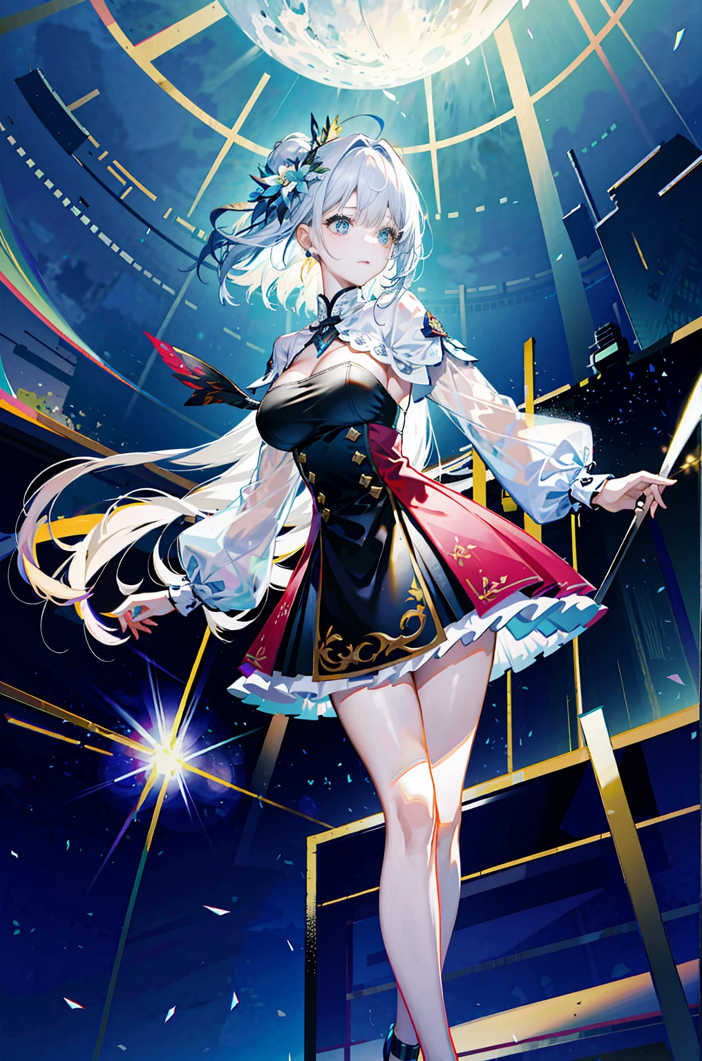 （best qualtiy，8K，beautiful wallpaper，细致背景，hight resolution，blooming absurdly，dishevled hair，shinny hair，exposure to light，Bright pupils），1个Giant Breast Girl，Focus on the legs，receiver，Long whit hair，silber hair，Huge breasts，standing on your feet，behind arms，stage，Spotlight，Glass ceiling，Shen He（the original god），hair_ornamented，More hair than one eye，designer dress，Dutch Angle_Angle，
