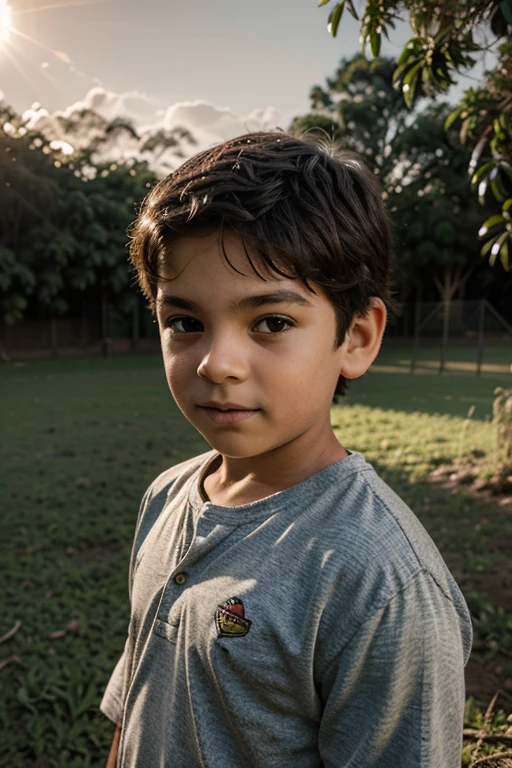 create an image of an 8 year old male child, playing in a grassy field with trees in the background at sunset