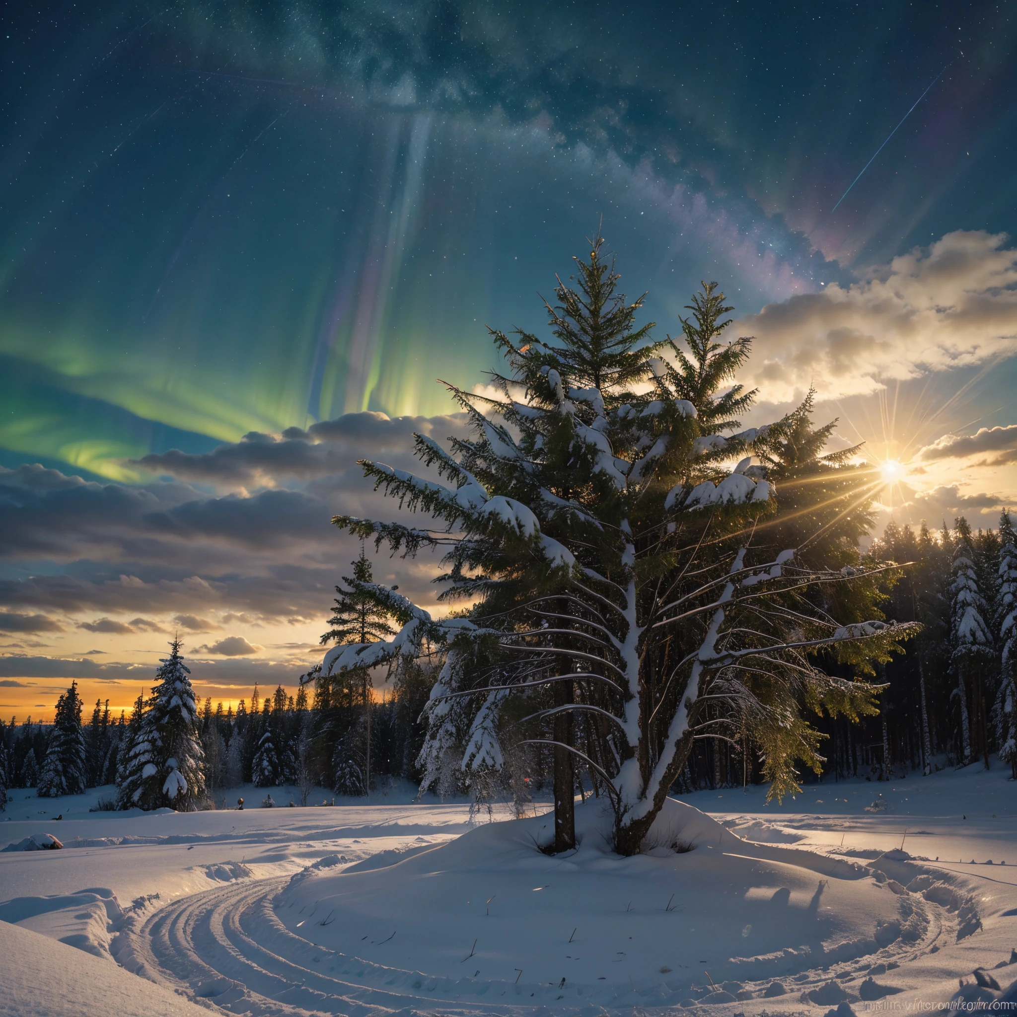 paisagem arvore de natal, cores natalinas, rena, nevando, entardecer, quase noite, sun sunset, auroral boreal