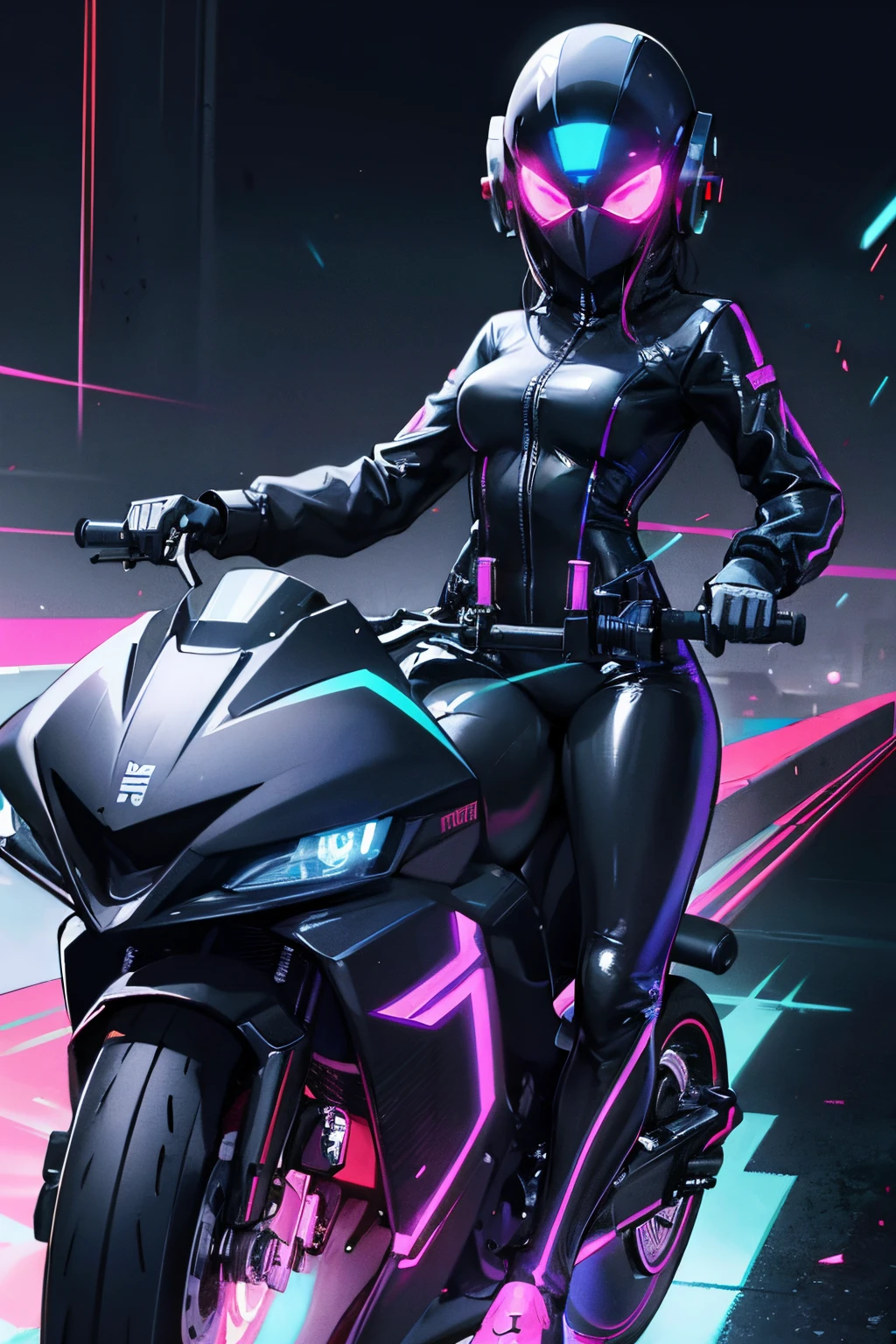 portrait of a woman in black latex suit wearing full helmet holding laser gun and riding a bike, faceless female, scifi, cyberpunk, tron, hyper realistic, abserdres