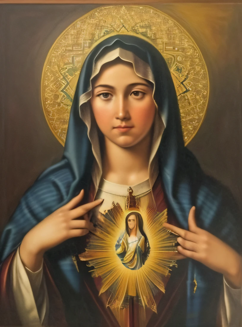 ((Blessed Virgin Mary. 19 anos))) ((( With a serious and pious face. Com um olhar doce e terno))) (obra prima, qualidade superior, melhor qualidade, Arte Oficial, Beautiful and Aesthetic: 1.2), (1girl), extremamente detalhado, (Arte Fractal: 1.3), Colouring, mais alto detalhado, rosto perfeito, parte superior do corpo, HDR, (Rezando: 1.3), (linhas douradas de pelagem branca: 1.2), galaxy, (listras leves), visuais atraentes, (dynamic stripes, Trilhas luminosas: 1.2), Cores vibrantes,