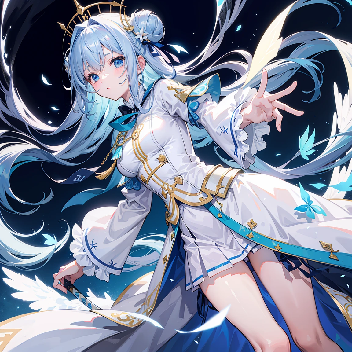 A slightly blue hand holding a white figure-of-eight bungaree, wearing soft clothes, flutters blue and white threads.,Fairy-like sword master girl