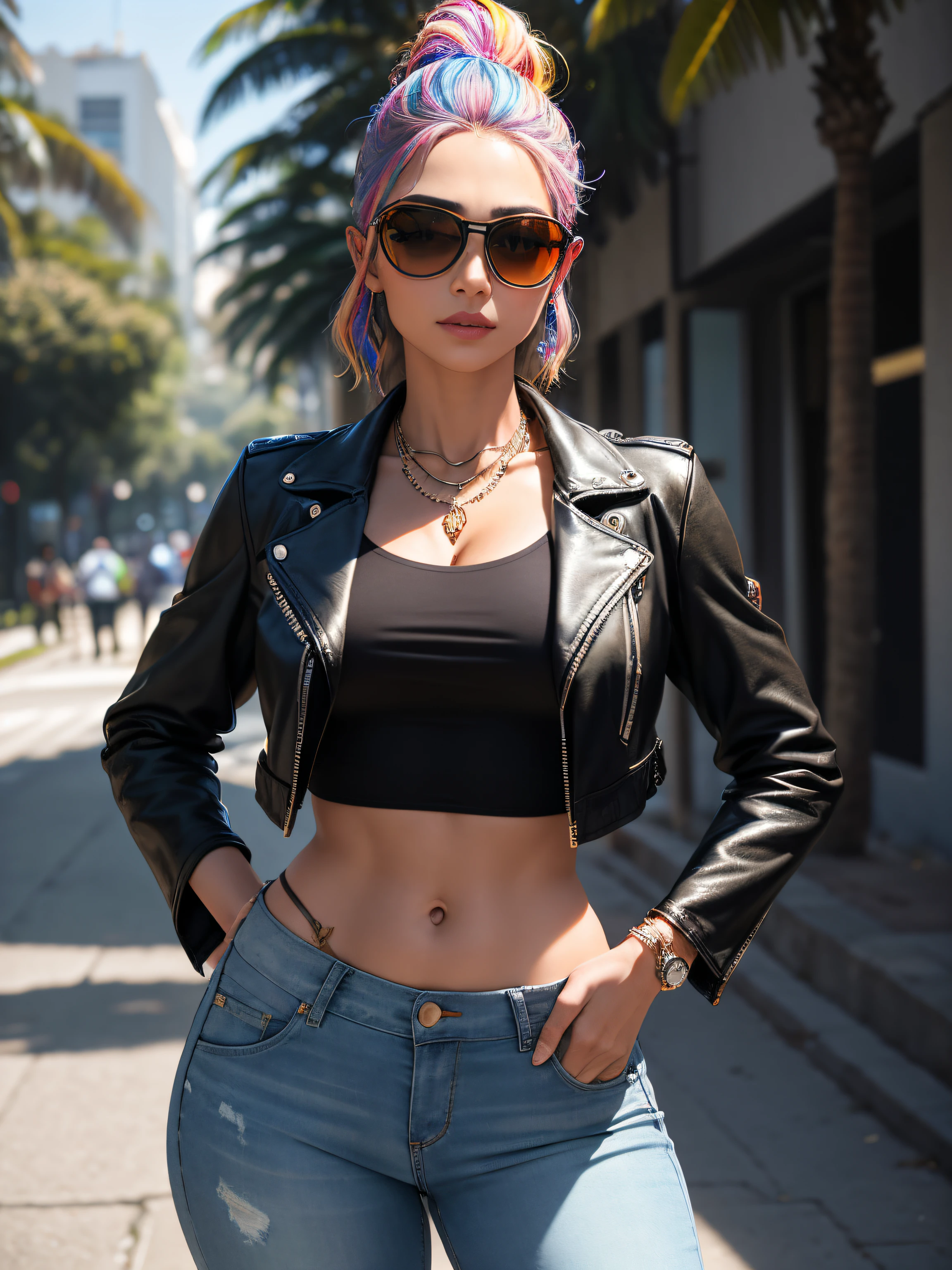 fotorrealista, ultra realistic,..3d, art-station, CGSetnation, 8 mil,
Fotografia premiada de uma bela mulher caminhando no parque, (moda), (cabelos multicoloridos:1.2), cheeckbones, Rosto detalhado, Bejeweled, a nice long leather jacket, jeans rasgados, pele primorosamente detalhada, anatomia perfeita, quadris largos, smooth midriff, lacuna na coxa), colorful sunglasses, vibrante