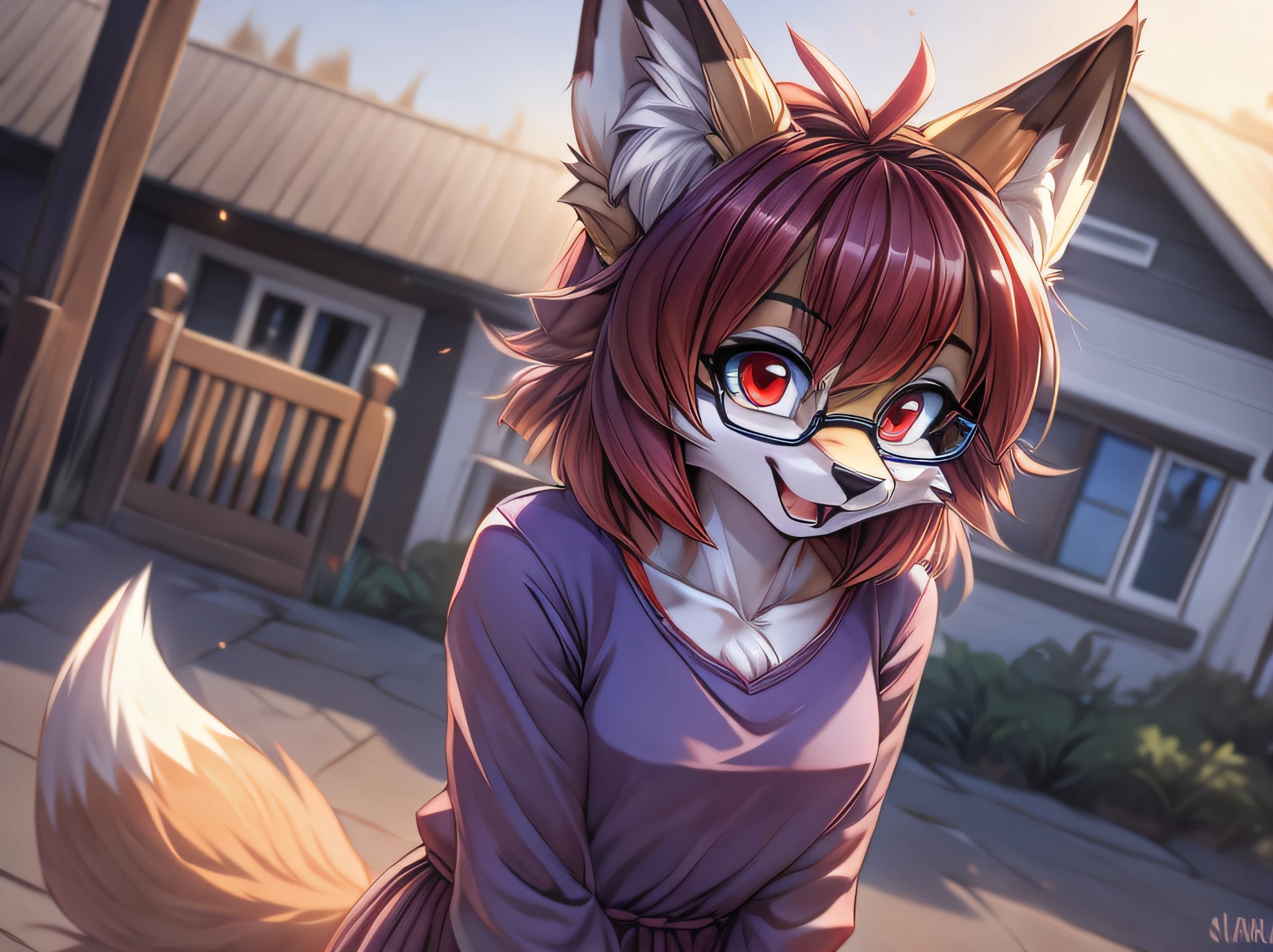 fox furry girl with short red hair, fluffy hair shy, beautiful red eyes, wearing glasses,  very  fluffy tail, small chest, , happy , closed mouth, young body, feeling Good, wearing a cute purple modest cute outfit, leaning over, hands on hips, in a in front of a house, being adorable, proud girl, wanting to be loved, zoomed in on her tail