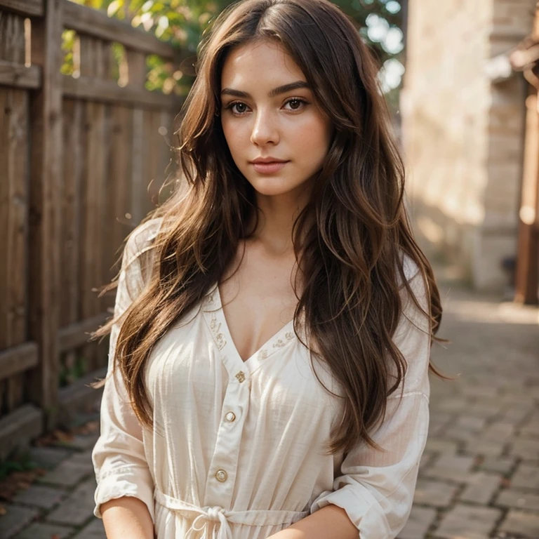 Generate an image of the most beautiful realistic woman with long, wavy hair, delicate facial features, subtle makeup, and elegant clothing. Include a description of natural lighting and background that accentuate her beauty.