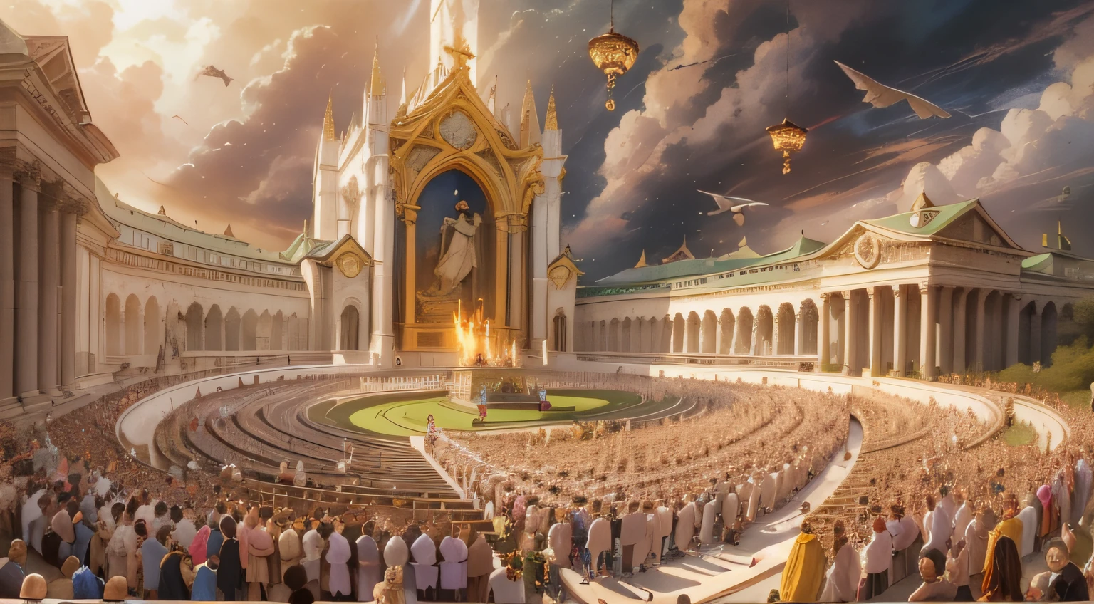 A stunning image depicting the Doomsday scenario, conforme descrito em Apocalipse 20:11. ((O trono branco onde Jesus se senta se destaca na cena)), Jesus' Throne of glory, Before Jesus an immense multitude of people, Todas nas nuvens, There is no heaven or earth, simbolizando a majestade divina. Powerful angels are present, solemnly watching the opening of the books, representing the records of each individual's actions. an untold crowd of people, aguardando seu destino eterno. The climate of reverence and admiration before the divine justice that will be established.