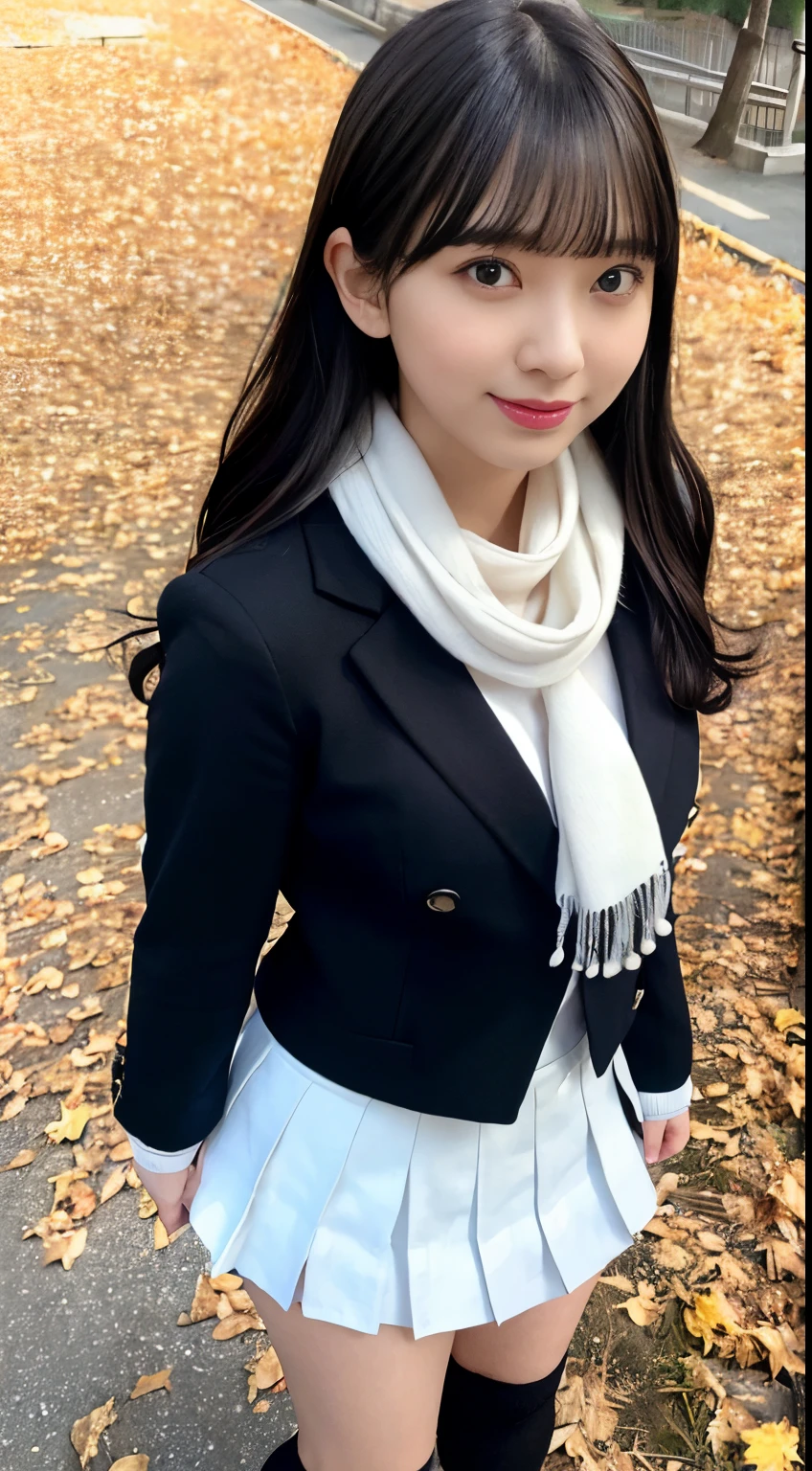 upper body, (masterpiece:1.2), best quality, high resolution, detailed eyes, Diamond-Shaped Face, Sharp Chin, light blue Eyes, medium breasts, extremely detailed face, 1girl, solo, medium hair,black hair, (blunt bangs:1.3),(white scarf:1.3), white collar shirts,(dark blue blazer:1.2), (blue tie:1),(black pleats skirt:1.3), (black mini skirt:1.3),(black over-the-calf socks:1.2), loafers, smile, park, autumn, maple branch, (fallen leaves are falling:1.2), standing, (arms behind back:1.2), (smile:1.2),(grass covered with a lot of fallen leaves:1.3)