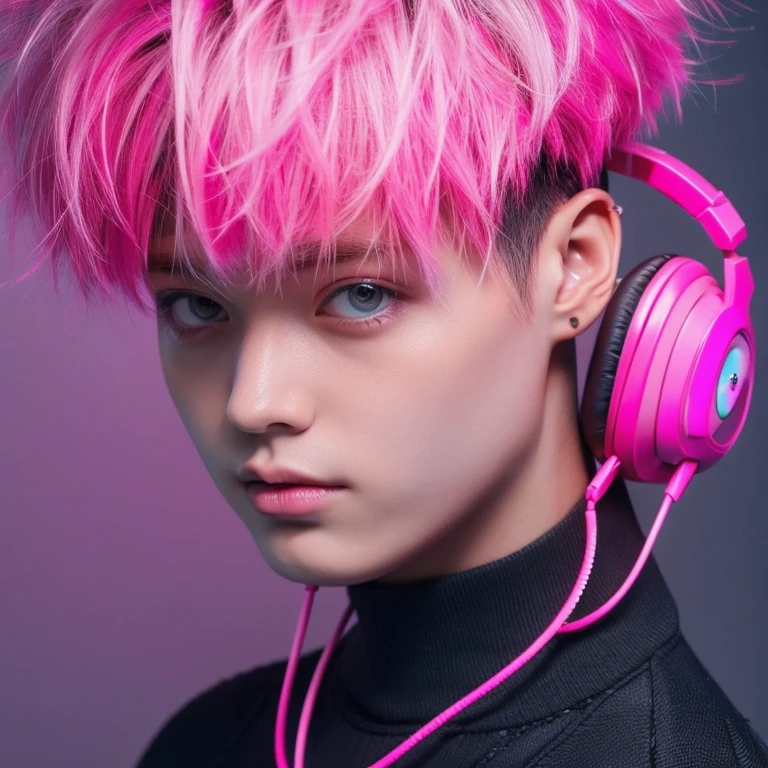 (Two-block hair), (Male Characters), (Pink hair), (head phone), (short-cut)