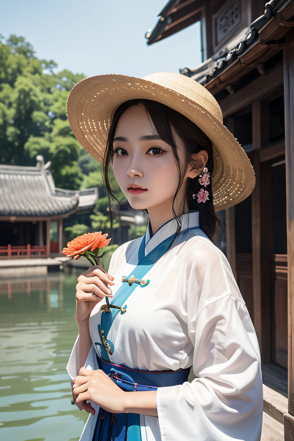 oda'There's a woman there with a frisbee and a flower, Cover Photo Cuckoo Portrait, zhouzhuang ancient town, Chinese woman, wearing travel hat, xintong chen, sweetheart, no watermark, xiang duan, a young asian woman, no watermark, ChineseGirl, portraitures, qiu fang, Matches ancient Chinese costumes