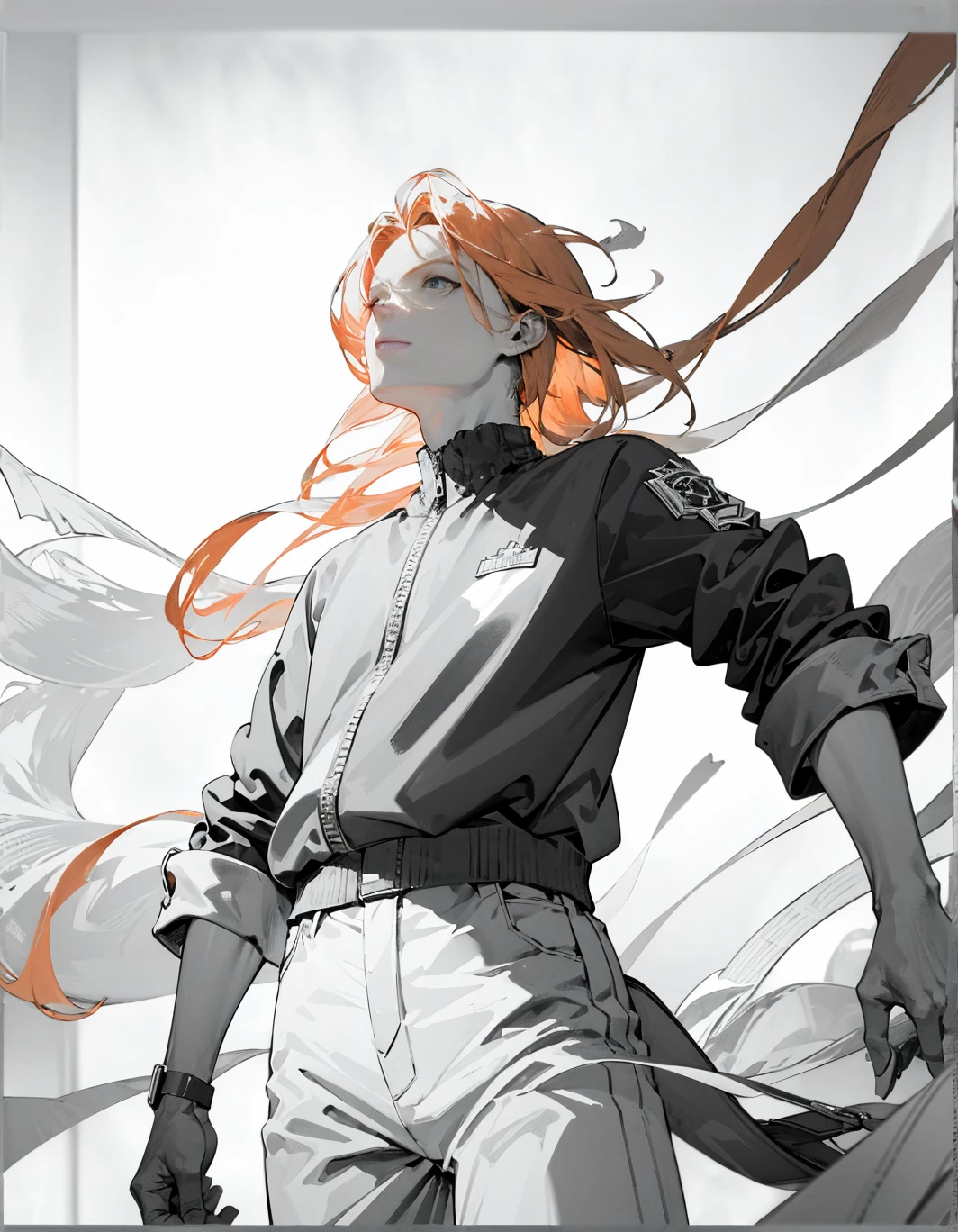 (masterpiece), hres, hight quality, 4k, unity render, solo, lineart, (monochrome:1.2),intrincate detailed, orange hair, long hair,