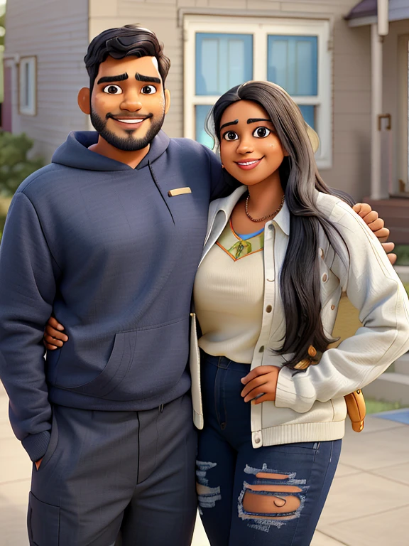 there a South Indian man and South Indian woman standing together outside of a house, the mans skin color is brown, women’s hair  straight black, profile  pic, facebook post, profile image, growth of a couple, profile picture, lovely couple, photo shoot, momma and papa, by Daniel Lieske, album photo, ghutra and egal, portrait of two people, happy couple, detailed portrait shot, couple, smiling couple, vibrant aesthetic