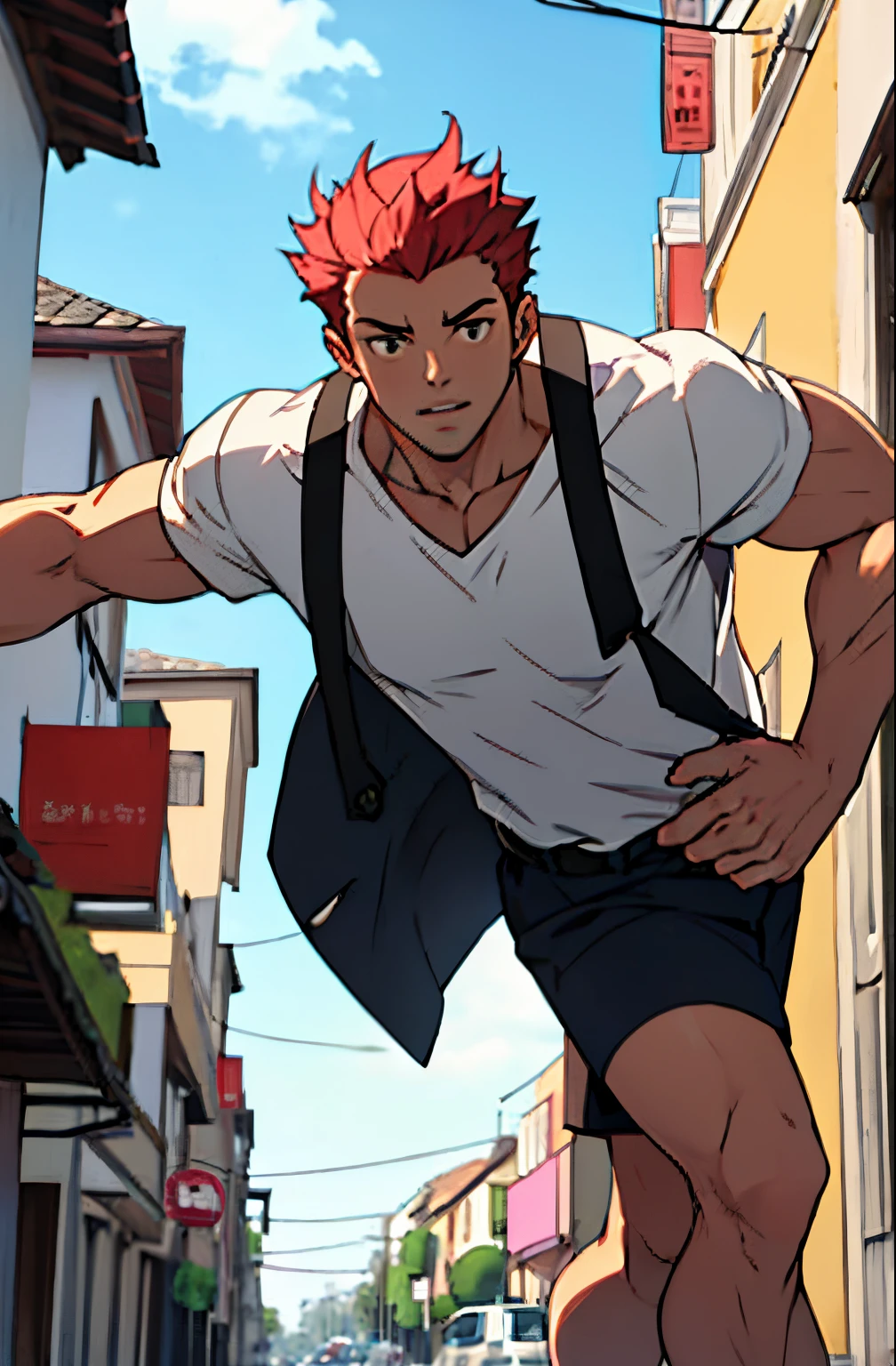 A mais alta qualidade, no meio de uma avenida movimentada, apoiado em um dos postes, adolecente, lion men, vestindo uma camiseta preta grande sem estampa, masculo, peitoral um pouco apertado na camisa, (angulo de baixo), pernas definidas, defined arms, abdomen definido, com a camisa,