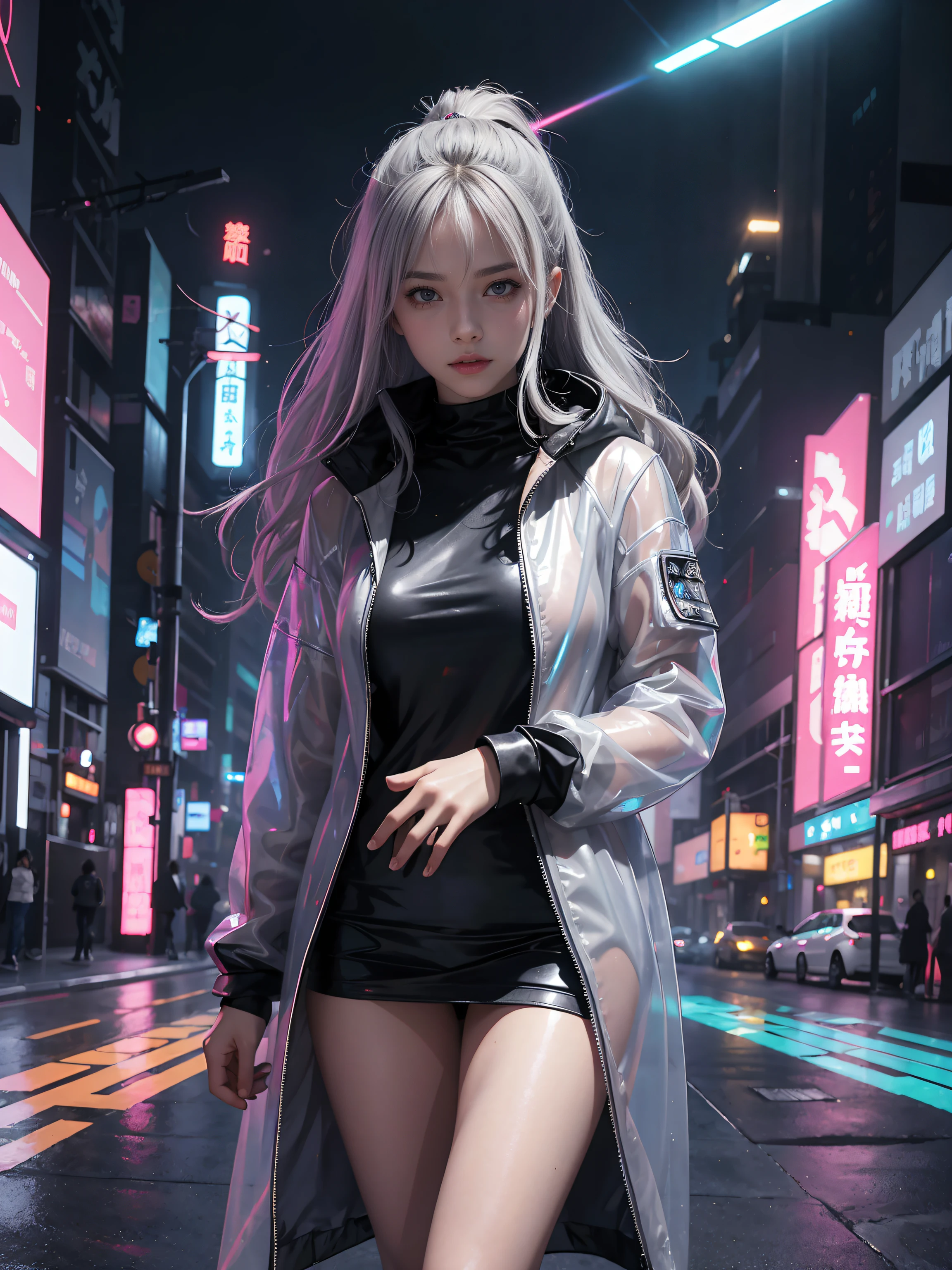 one-girl.Long gray hair,see-through raincoat,Laser set,Hologram effect,vivd colour,Cyberpunk Mechanical City,Scenes,dream,neonlight,style derived from《Blade Runner 2049》,Soft rubber,Dream fog,电影灯光,Natural soft light,depth field effect,c4d,Blander,3D,2.5 days,high detal,high high quality,A high resolution,k hd,8k--ar+3:4--niji5SD large model