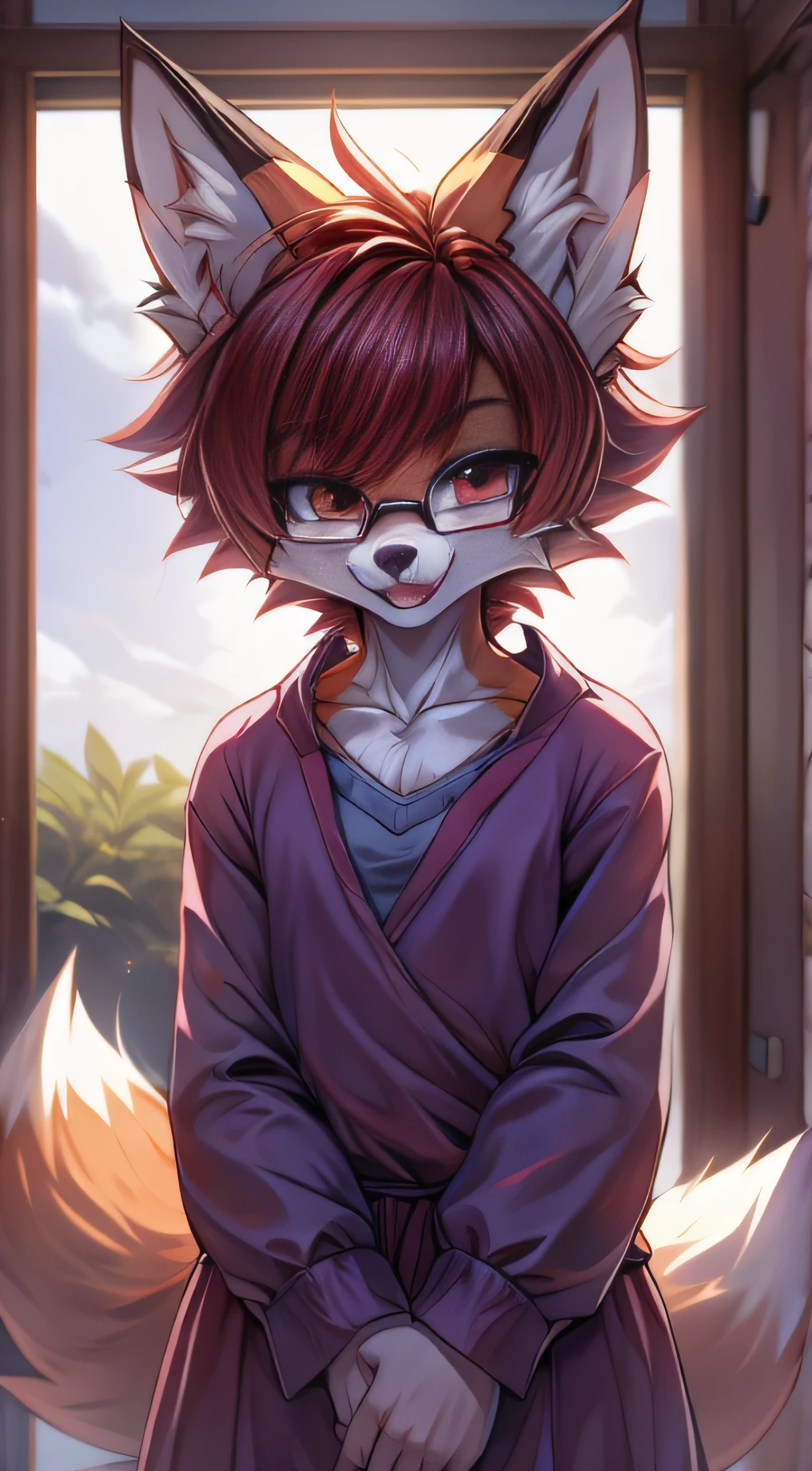 fox furry girl with short red hair, fluffy hair shy, beautiful red eyes, wearing glasses,  very  fluffy tail, small chest, ************, happy , closed mouth, young body, feeling Good, wearing a cute purple modest cute outfit, leaning over, hands on hips, in a in front of a house, being adorable, proud girl, wanting to be loved, low perspective