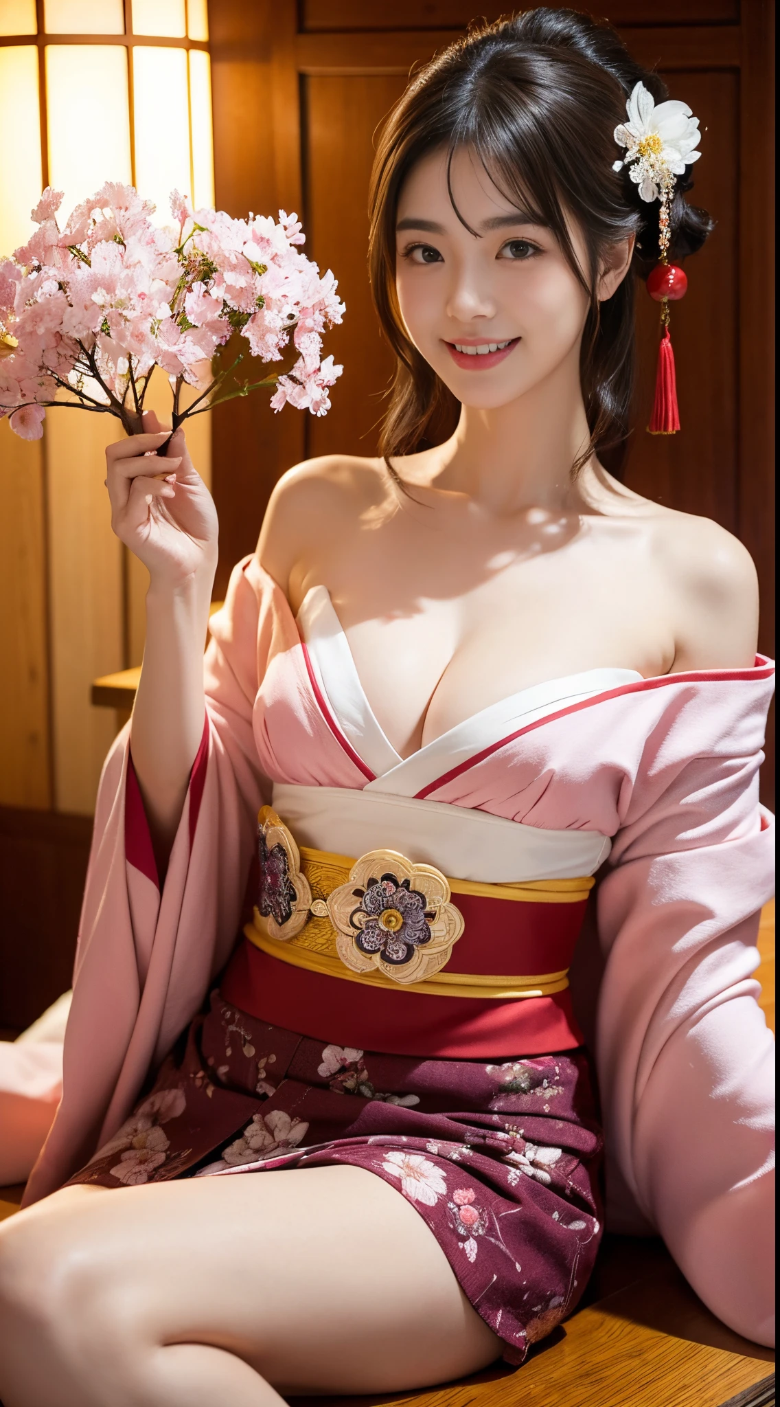 (Mastrepeace:1.2,Best Quality,ultra-detailliert) sexy kimono, Bare shoulder, Bare legs, Open V chest clothes, sexy cute beautiful detailed face, 1girl in, The face of the Japan idol, NSFW, The cherry tree, flower eating hairstyle、A smile, Nice teeth, Sexy Pose, Colossal tits、 girl、花魁、花魁、Kimono、Oiran hairstyle