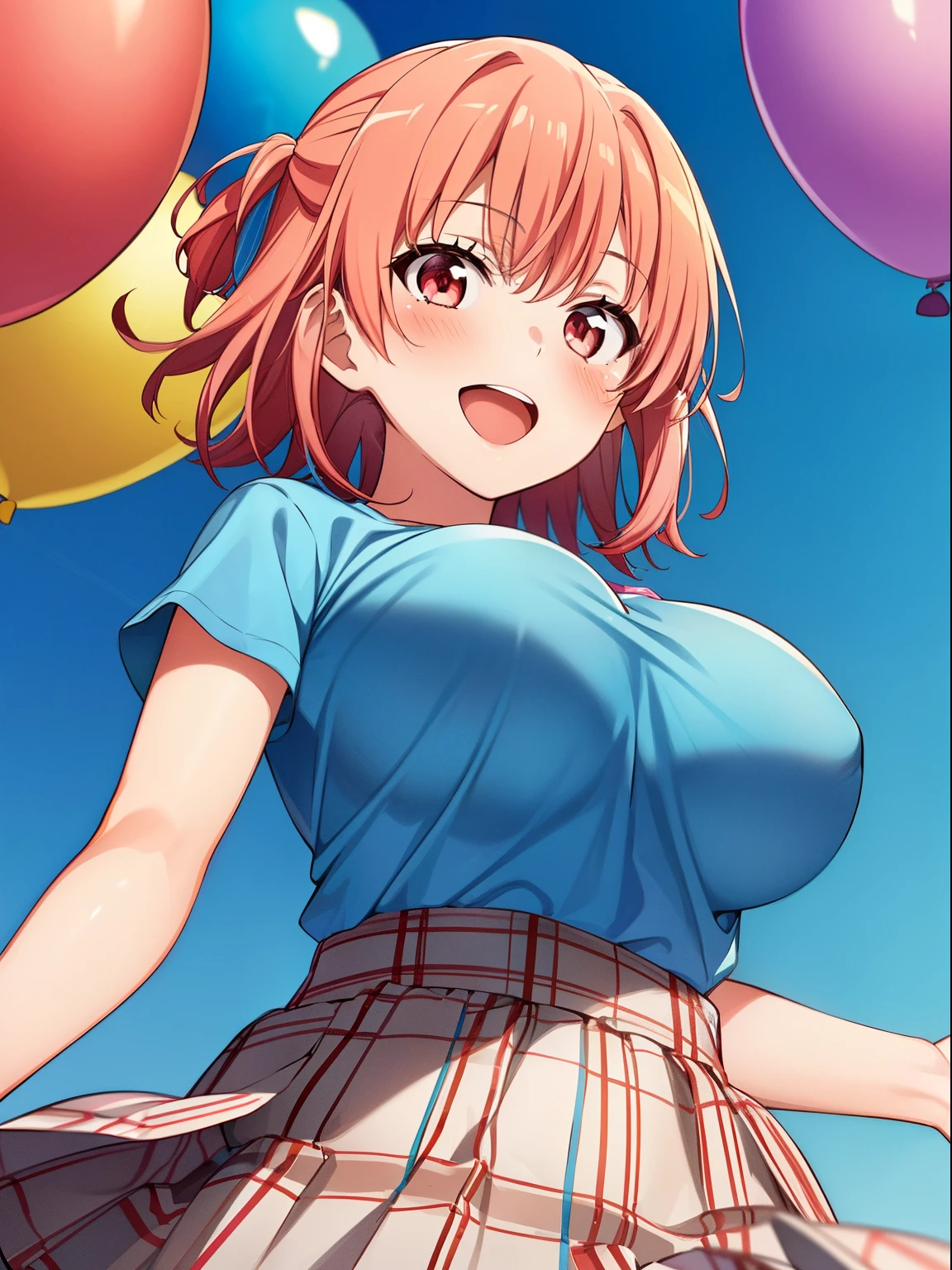 1girl in, Yuigahama Yui, , Short hair, Pink hair, large boob, 
(Best Quality, hight resolution, 4K, Detailed Lighting, 
(Light blue T-shirt, Check skirt), under boobs,
Smile, blush, Open mouth, 
school  background, Balloon background, 
at noon,
from below,