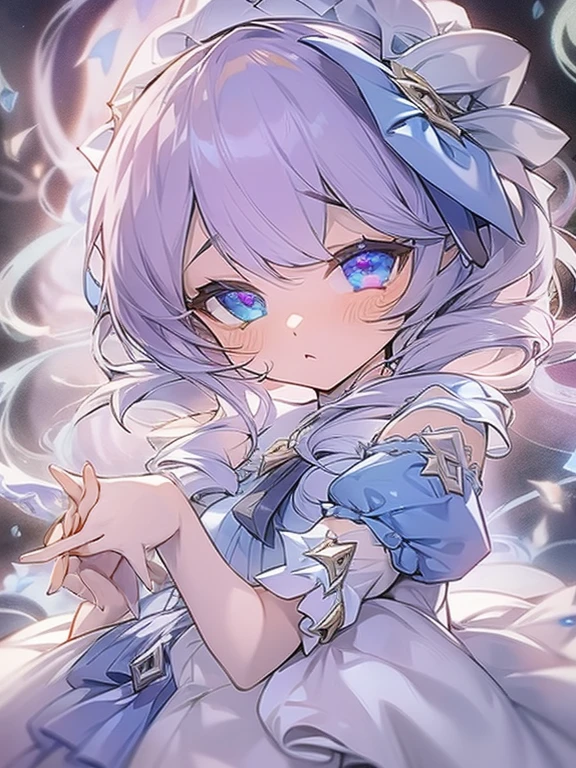 gwyn, 1 Sister, Little girl, scissors, Fighting posture, blue magic, Sateen, （Dream bubbles：1.5）， Extremely beautiful eyes，Heterochromatic pupil，Purple awakens left eye，serious expressions，White gorgeous princess dress，Lolita clothing style