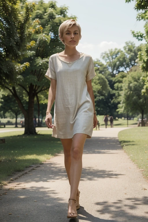 Tall Danish blonde, short hair, pixie cut. Linen tunic. Walking in the park. Sunny day.