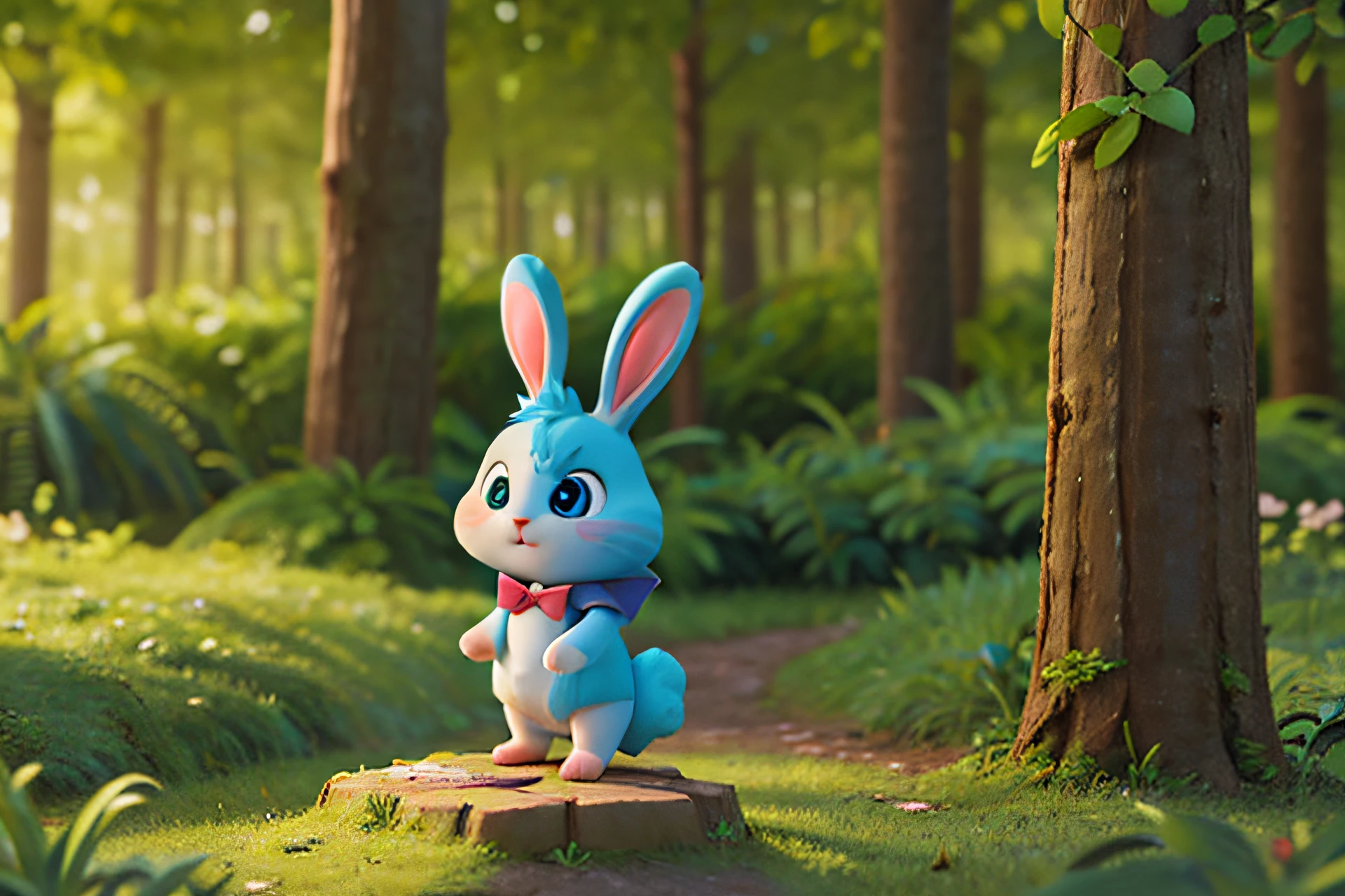 Transform your imagination into a 3D graphic, unique and adorable in a 3D animated style, close-up view, Magical background of the forest