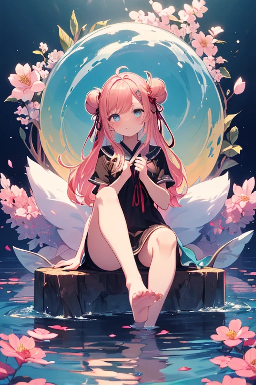 (Graphic design,super cute girls:1.0125),(Multicolored,vectorial art,outline,:1.3401), (Best quality at best), (tmasterpiece), unbelievable_absurd res, The  very detailed, Granular rendering, illustratio, (A high resolution), Original, the night_Skysky, (deactivated_Show on the:1.2), (Close-up), (one-girl:1.3) Sam (Sit on a tree) and soaking your feet, [[light  smile]], (Babe_Pink hair), extremely_long_the hair, Water inner hair, small double bun,rabbitears， (美丽细致的眼睛), (red eyeloating ribbon, (peach blossom), blossomlorals) The tree, petals on water, floating petal, [[moon full]]