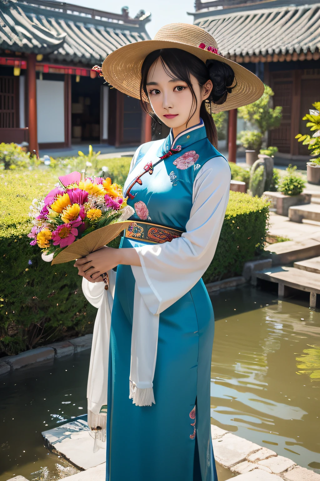 oda'There's a woman there with a frisbee and a flower, Cover Photo Cuckoo Portrait, zhouzhuang ancient town, Chinese woman, wearing travel hat, xintong chen, sweetheart, no watermark, xiang duan, a young asian woman, no watermark, ChineseGirl, portraitures, qiu fang, Matches ancient Chinese costumes