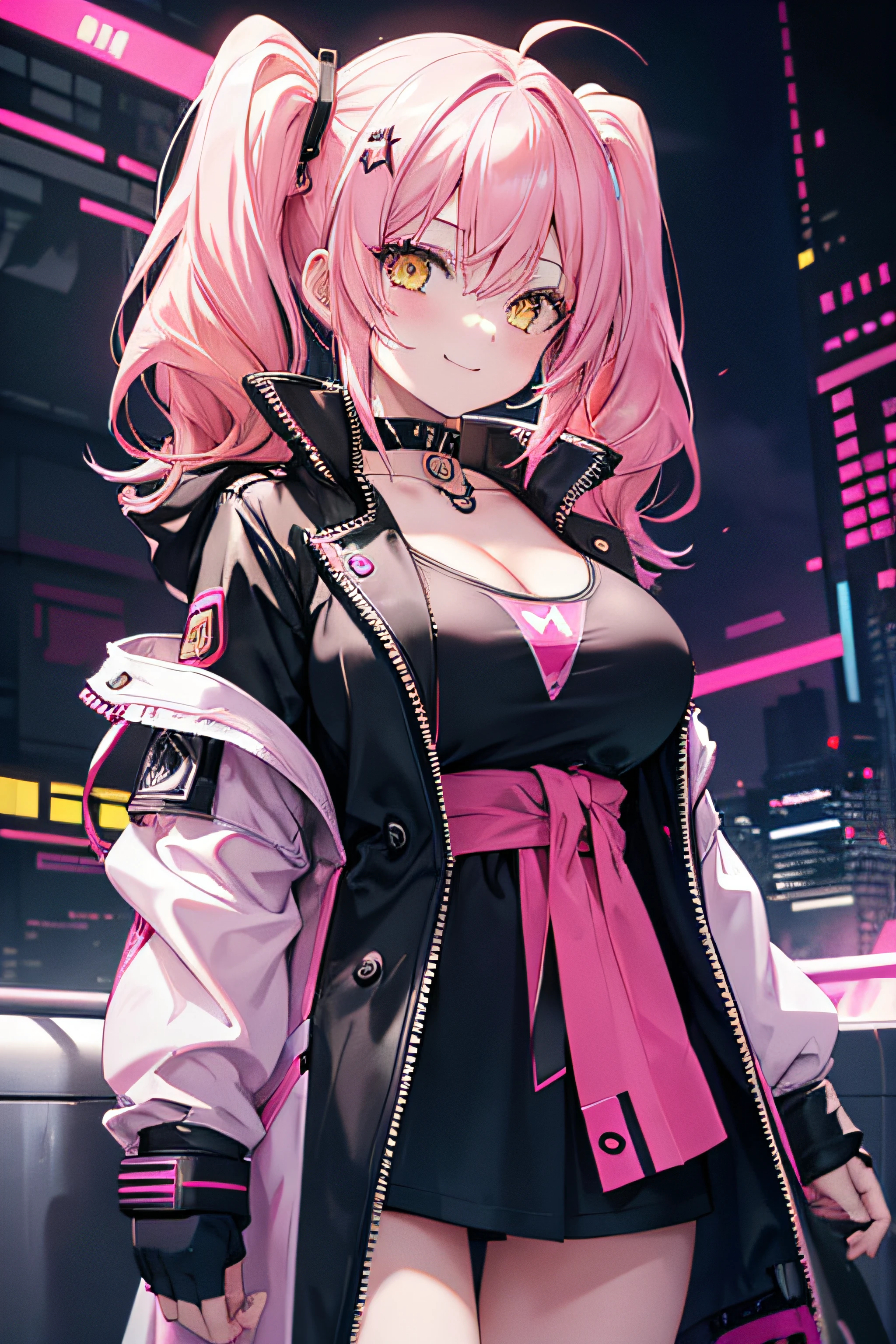 A woman, ((pink hair)), pink eyes, top and leggings, adult body, straight short hair, city in the background, seraphine