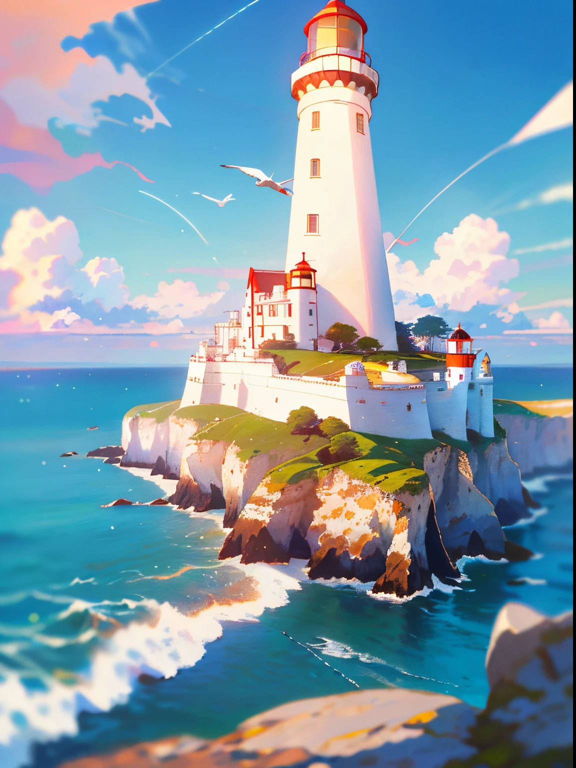 (masterpiece, best quality: 1.1), wide angle, from below, (white cliff), mountain, blue ocean, low tide, waves, rocky beach, trajectory, seagull, horizon, breeze, summer, morning, clear sky, clouds, calm, fresh air, sailboat, lighthouse, depth of field