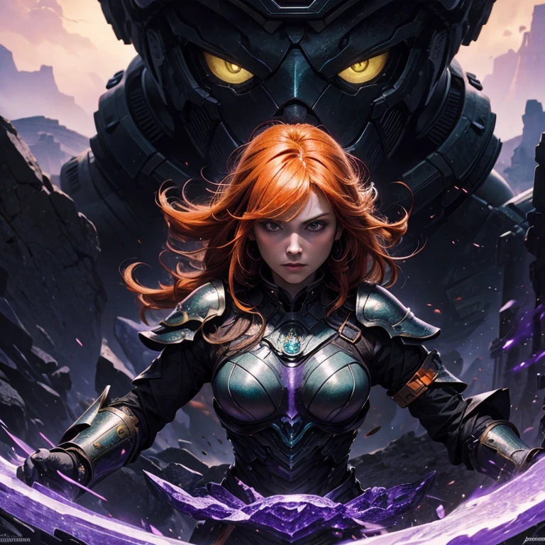 master piece, 8k, girl, orange hair, green eyes, serious and courageous face, black obsidian armor with purple sapphire encrusted, punch position, gran canyon scenario.