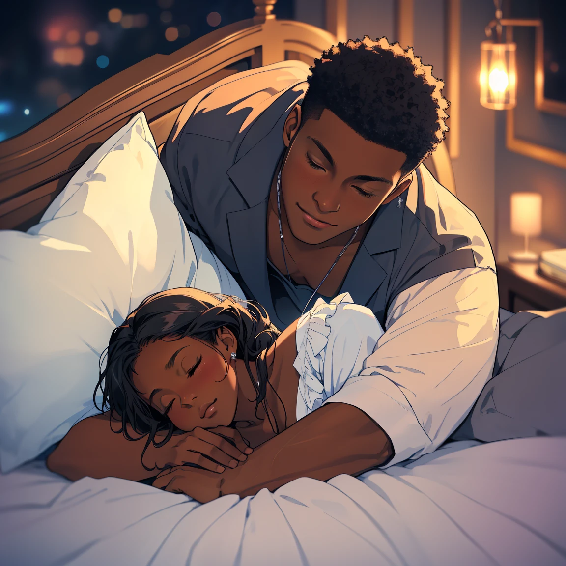 1 handsome black man holds one pretty black woman who is asleep, (((sprawled on a bed))) lying prone, romantic, comfy clothing, night time, heads close together, eyes closed, cute, beautiful couple cuddling, peaceful, view from above 
masterpiece, overhead lighting, high detail, clarity, multilevel detailing, blurry background,