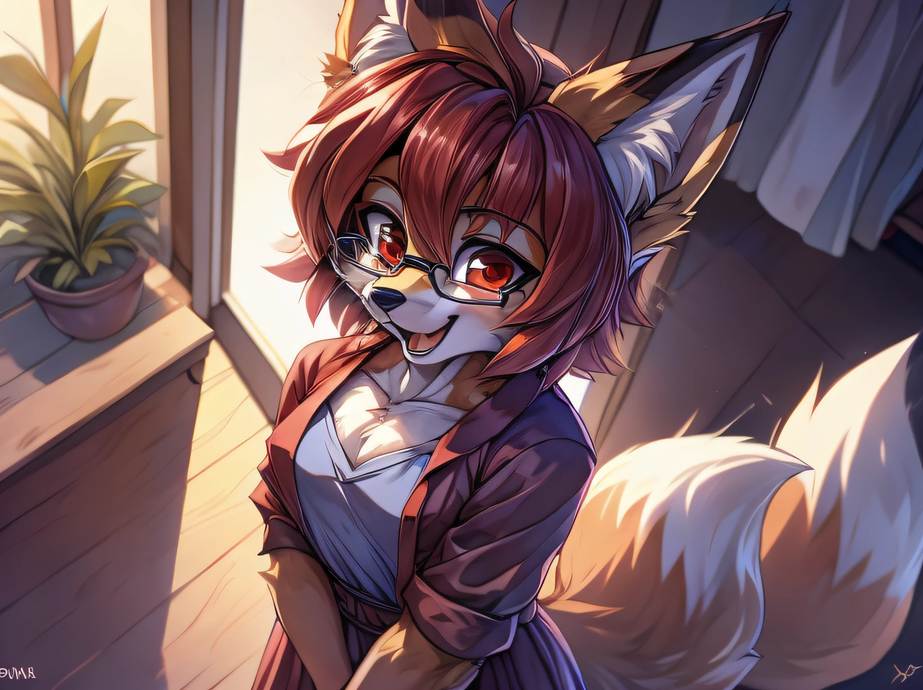 fox furry girl with short red hair, fluffy hair shy, beautiful red eyes, wearing glasses,  very  fluffy tail, small chest, , happy , closed mouth, young body, feeling Good, wearing a cute purple modest cute outfit, leaning over, hands on hips, in a in front of a house, being adorable, proud girl, wanting to be loved, low perspective