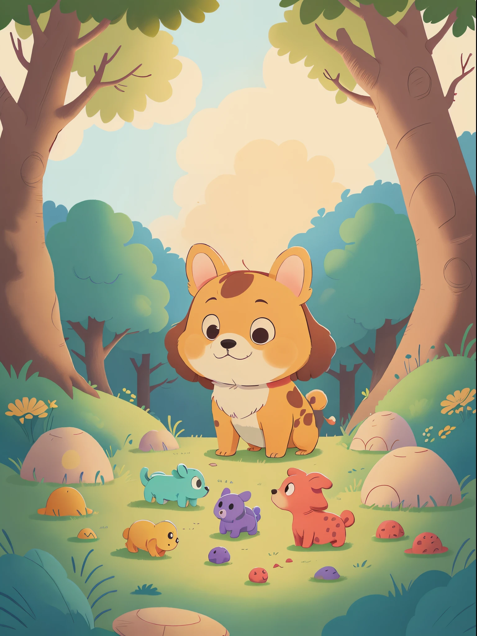 classical animation,Continuous shooting,Cinematic immersion,Sense of story,coloring book,Picture book stories,High saturation color,colorful illustrations,publication,(without humans!!!)late sunset,Polka dot dog plays with all the dogs and small animals on a big lawn,Their shadows blend together,