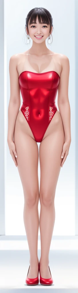 On the white background,A tall and beautiful Chinese girl,with fair skin,Toothy smile,A big smile,When you laugh, Your eyes are crescent-shaped,blunt bangs, straight hair,Wear a one-piece swimsuit and pumps,Swimsuits are decorated with joyful patterns, Stand up straight,Stand upright,hands on sides,Symmetrical distribution,Ray tracing,All shaded areas, floodlight, front light, 1.4x Realistic Ultra HD